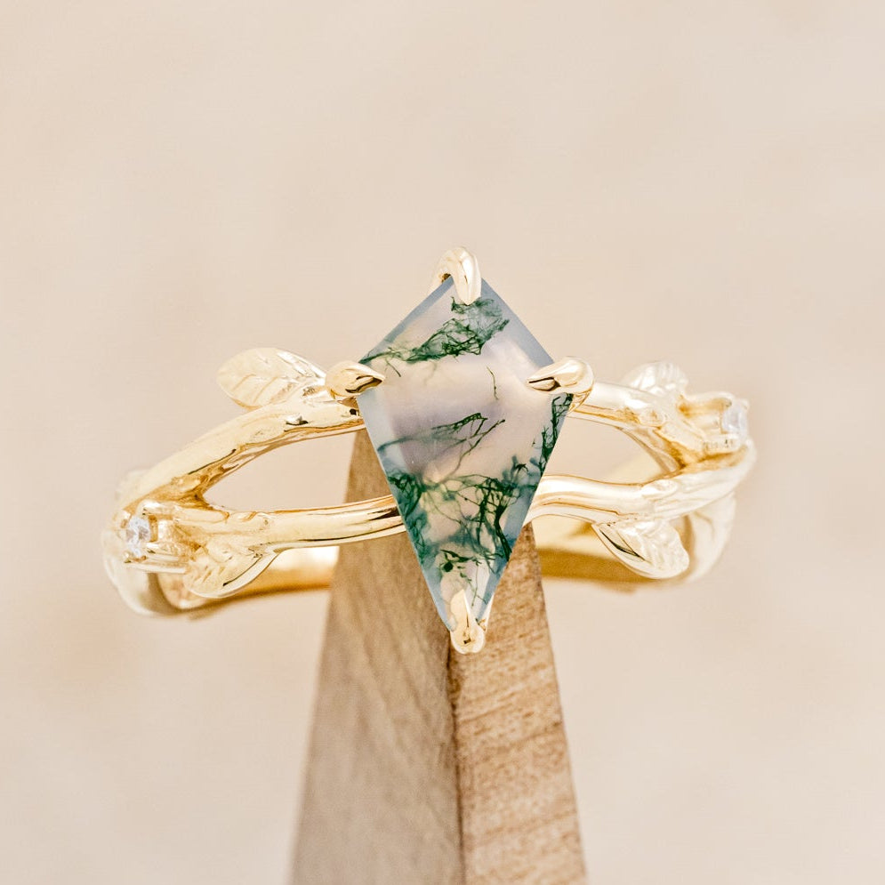"ARTEMIS ON THE VINE" - KITE CUT MOSS AGATE ENGAGEMENT RING WITH DIAMOND ACCENTS - EXPEDITED-11