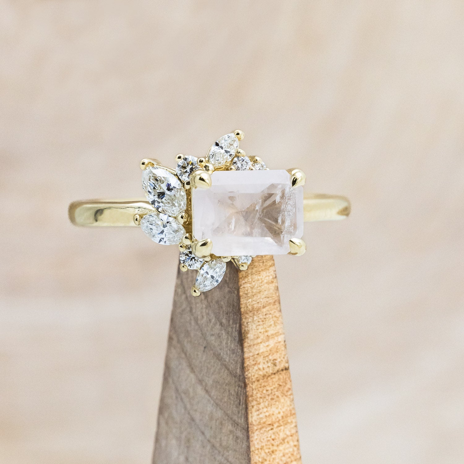 "AURAE" - EMERALD CUT ROSE QUARTZ ENGAGEMENT RING WITH DIAMOND ACCENTS-Staghead Designs