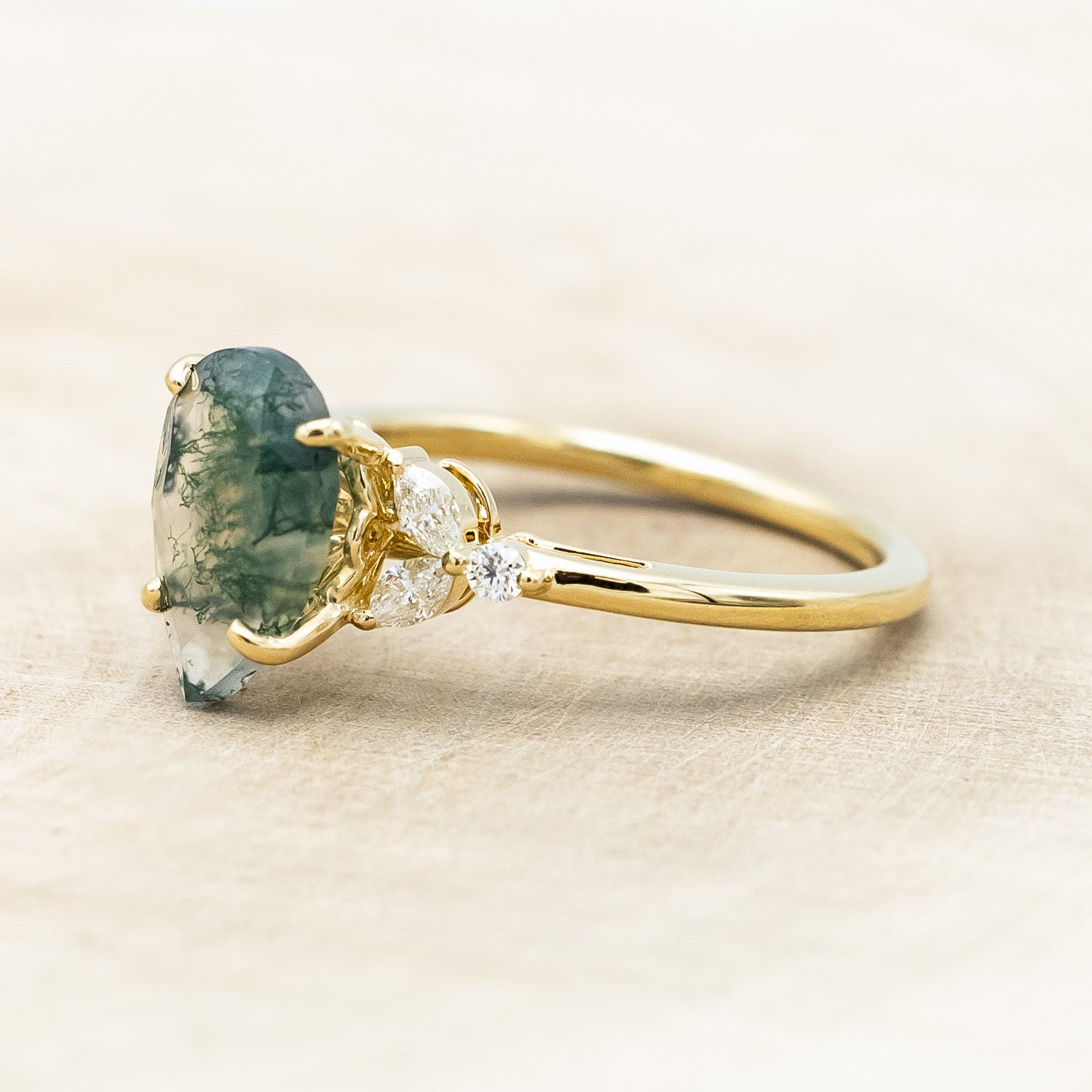 "BLOSSOM" - PEAR-CUT MOSS AGATE ENGAGEMENT RING WITH LEAFCUT DIAMOND ACCENTS-Staghead Designs