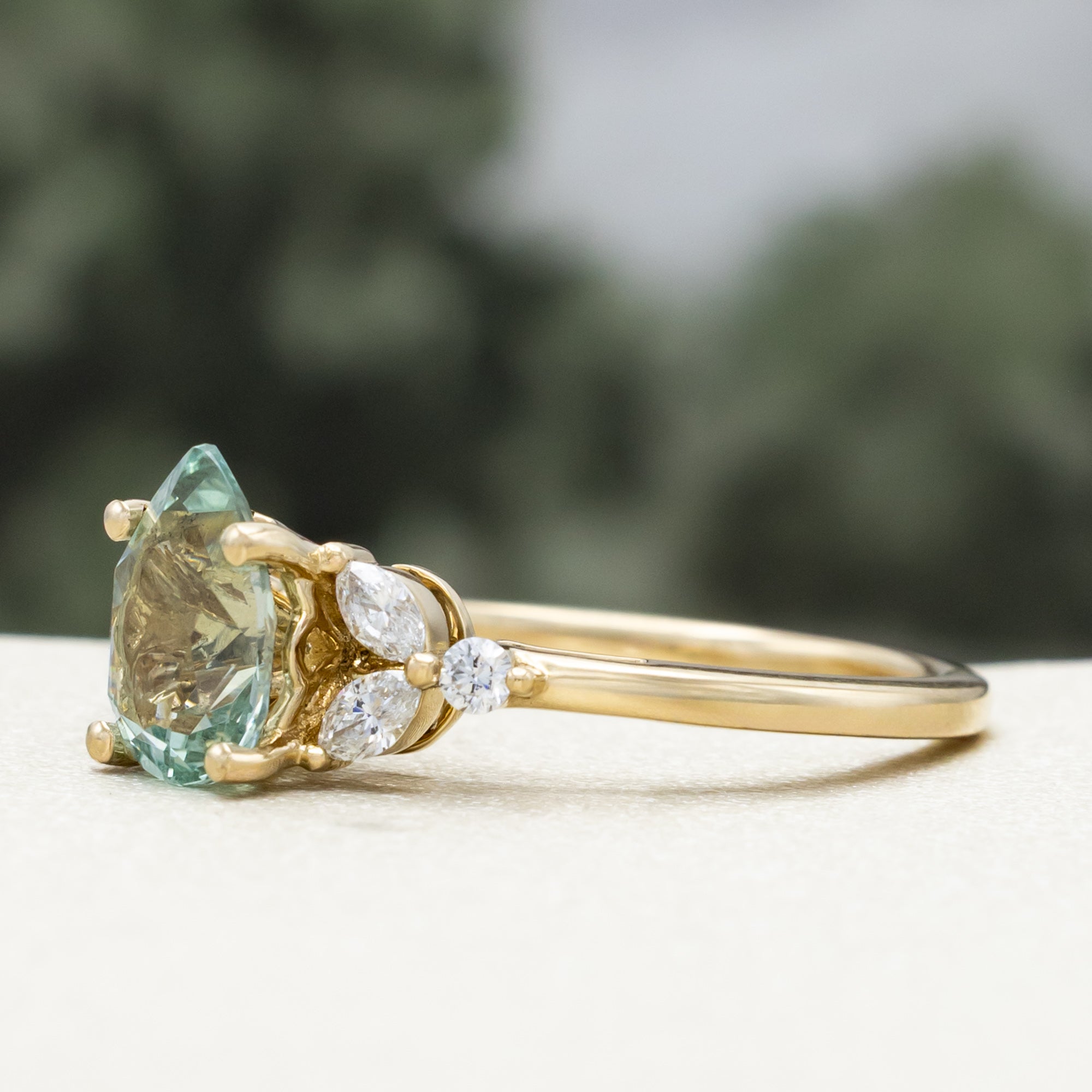 "BLOSSOM" - PEAR CUT LAB-GROWN GREEN SAPPHIRE ENGAGEMENT RING WITH DIAMOND ACCENTS-Staghead Designs