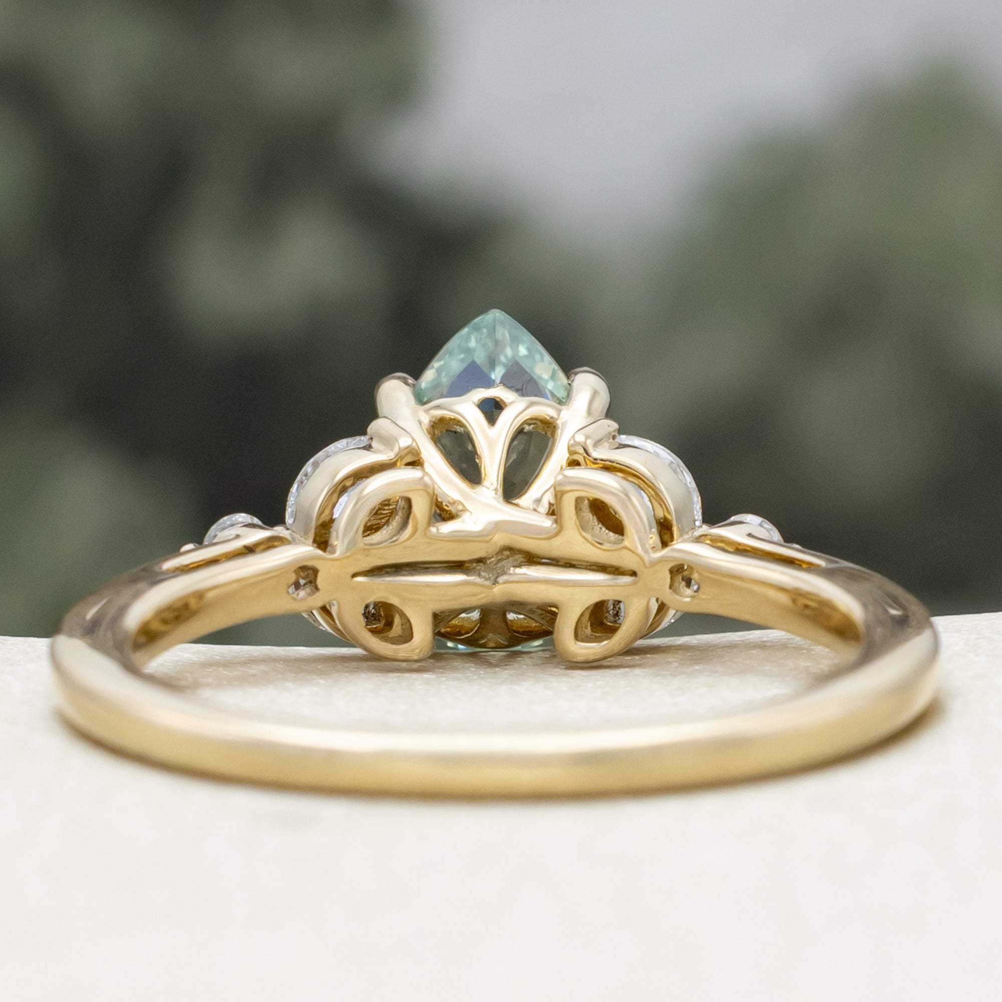 "BLOSSOM" - PEAR CUT LAB-GROWN GREEN SAPPHIRE ENGAGEMENT RING WITH DIAMOND ACCENTS-Staghead Designs