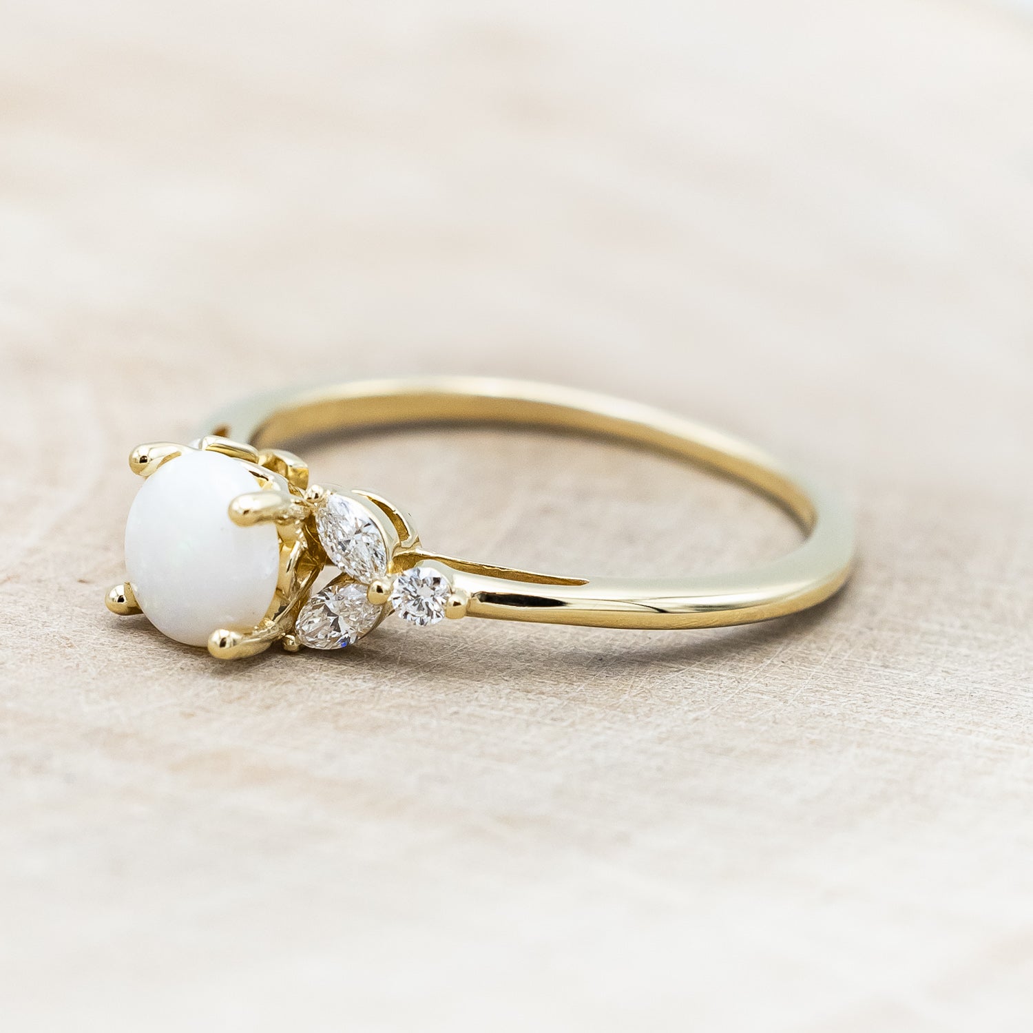 "BLOSSOM" - ROUND CUT OPAL ENGAGEMENT RING WITH LEAFCUT DIAMOND ACCENTS-Staghead Designs