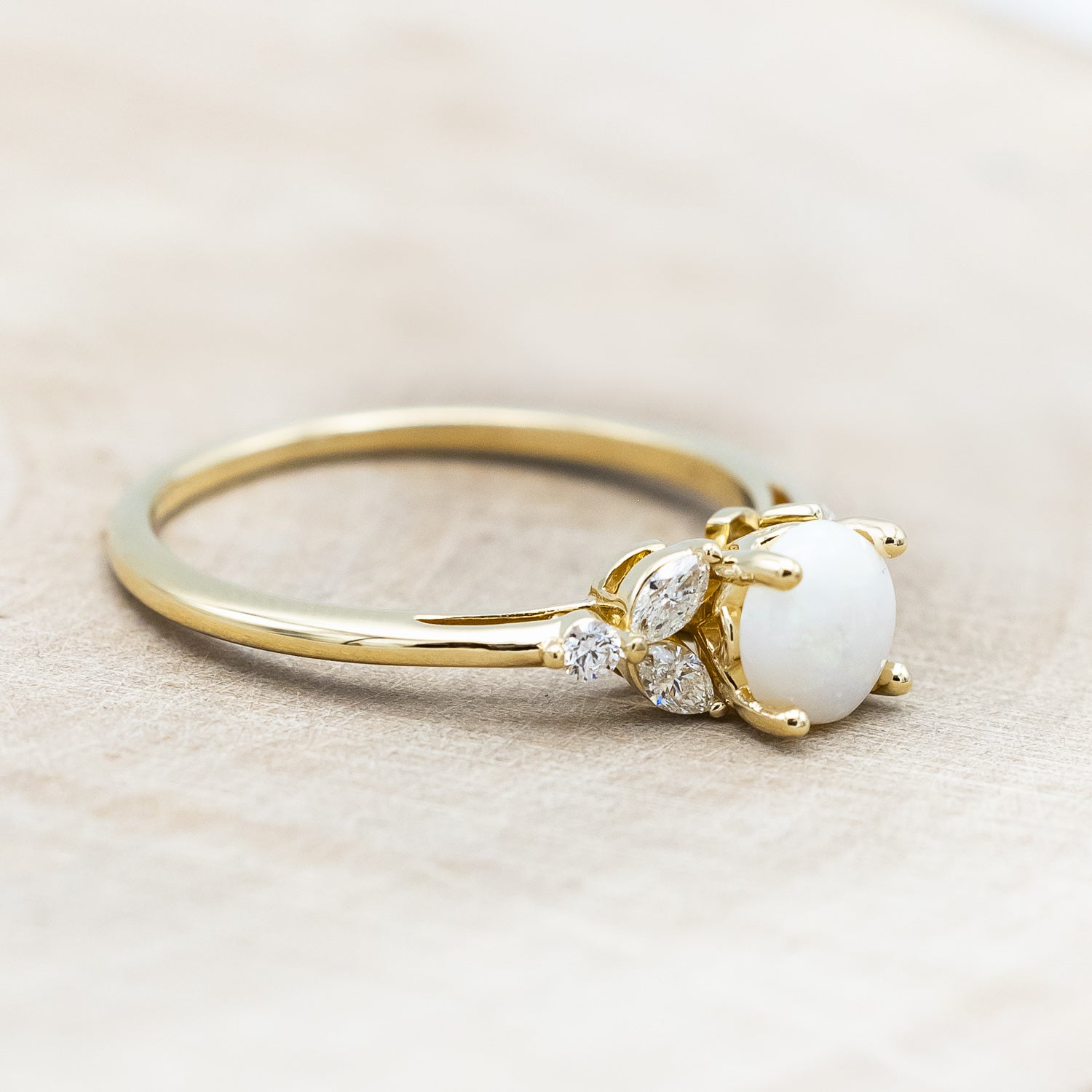 "BLOSSOM" - ROUND CUT OPAL ENGAGEMENT RING WITH LEAFCUT DIAMOND ACCENTS-Staghead Designs
