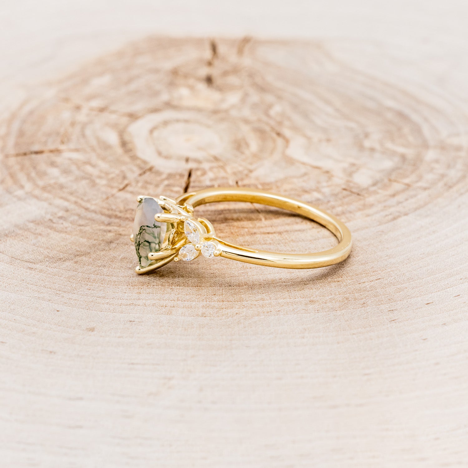 "BLOSSOM" - PEAR-CUT MOSS AGATE ENGAGEMENT RING WITH LEAF-SHAPED DIAMOND ACCENTS-3