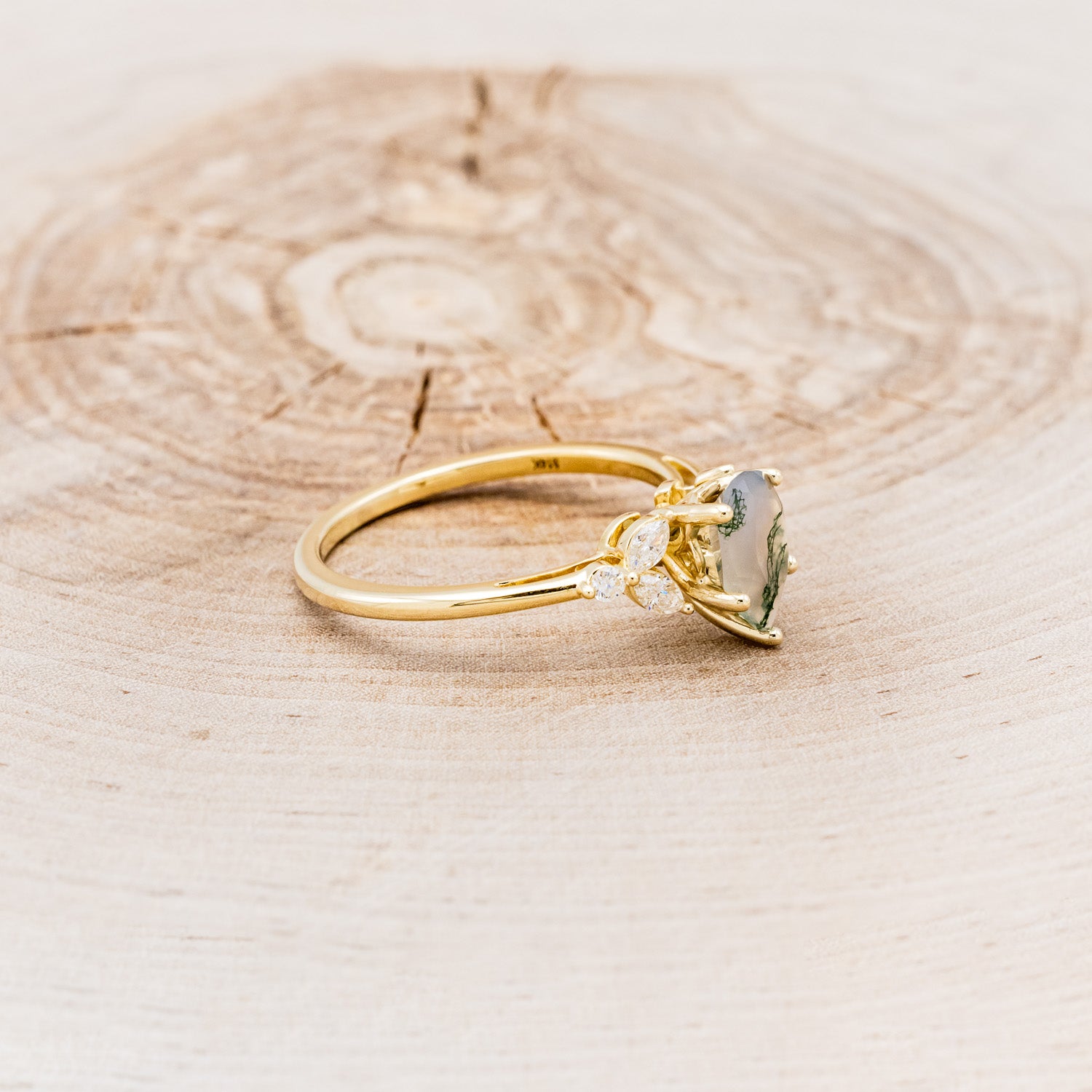 "BLOSSOM" - PEAR-CUT MOSS AGATE ENGAGEMENT RING WITH LEAF-SHAPED DIAMOND ACCENTS-2