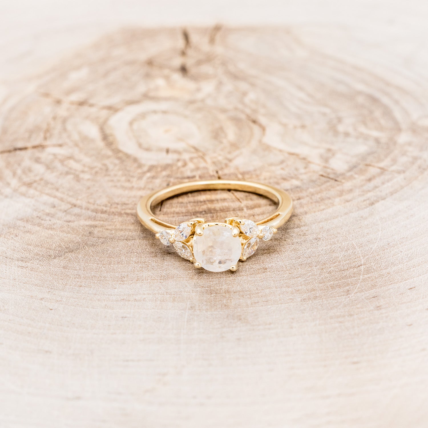 "BLOSSOM" - ROUND CUT MOONSTONE ENGAGEMENT RING WITH LEAF SHAPED DIAMOND ACCENTS-17