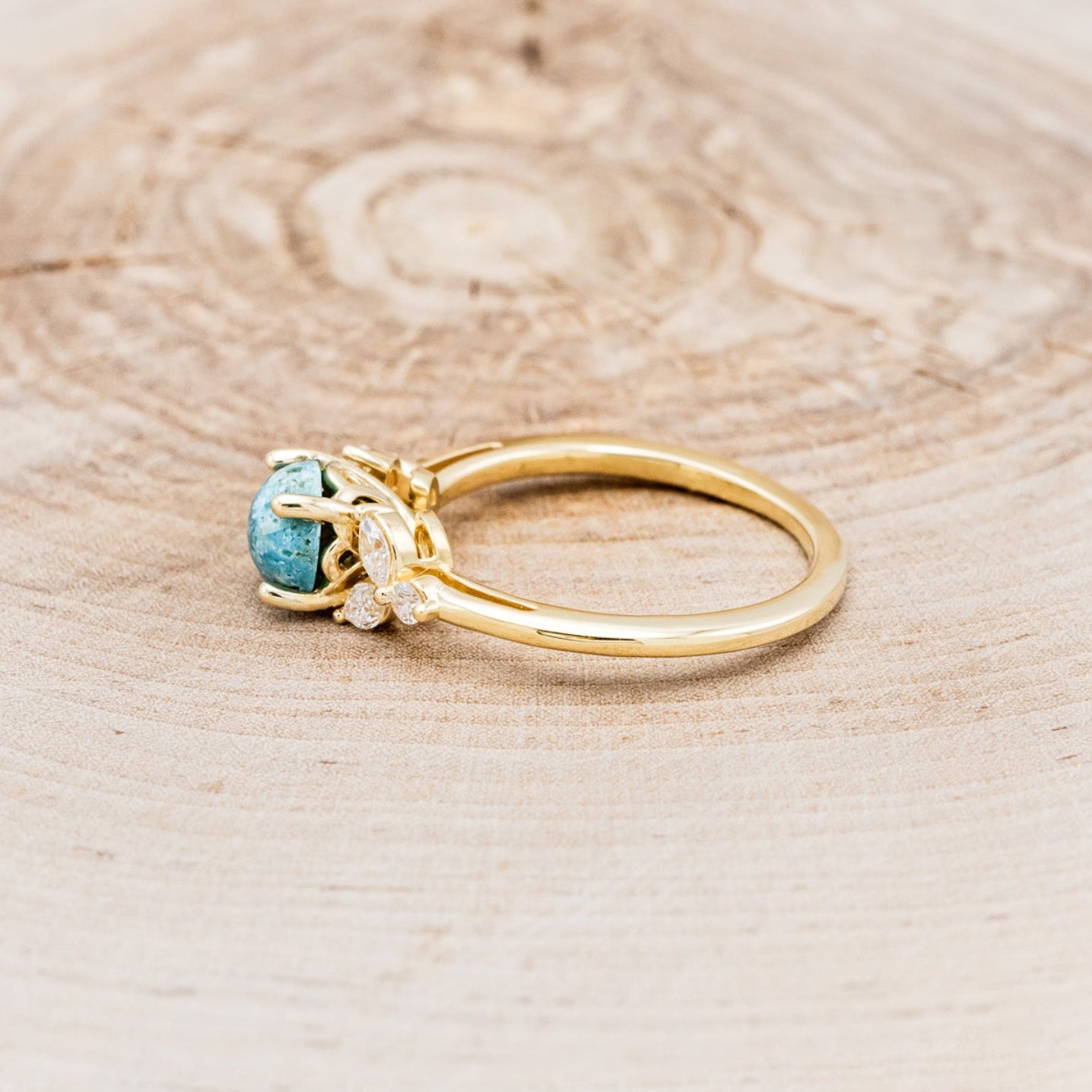 "BLOSSOM" - ROUND CUT TURQUOISE ENGAGEMENT RING WITH LEAF-SHAPED DIAMOND ACCENTS-9