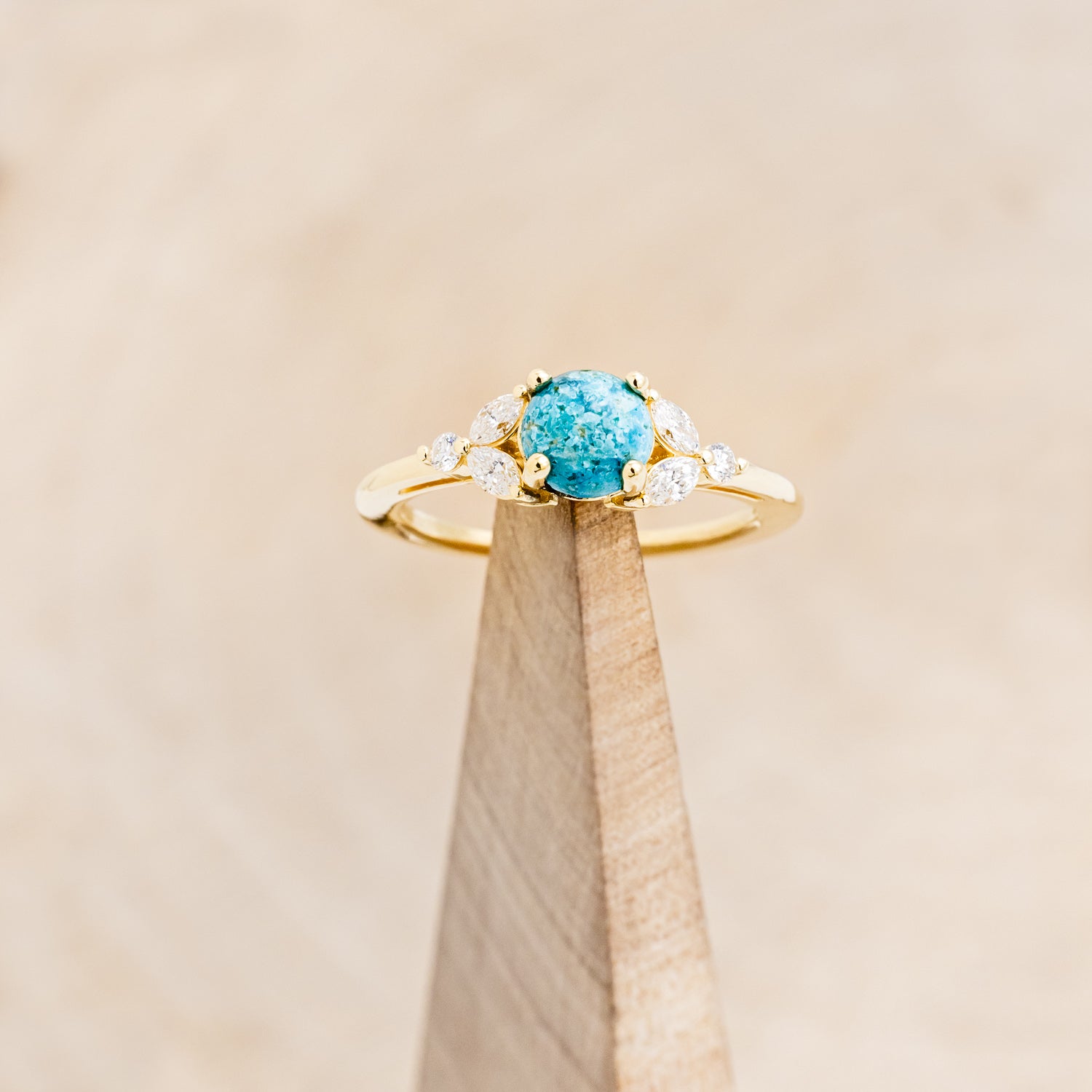 "BLOSSOM" - ROUND CUT TURQUOISE ENGAGEMENT RING WITH LEAF-SHAPED DIAMOND ACCENTS-6