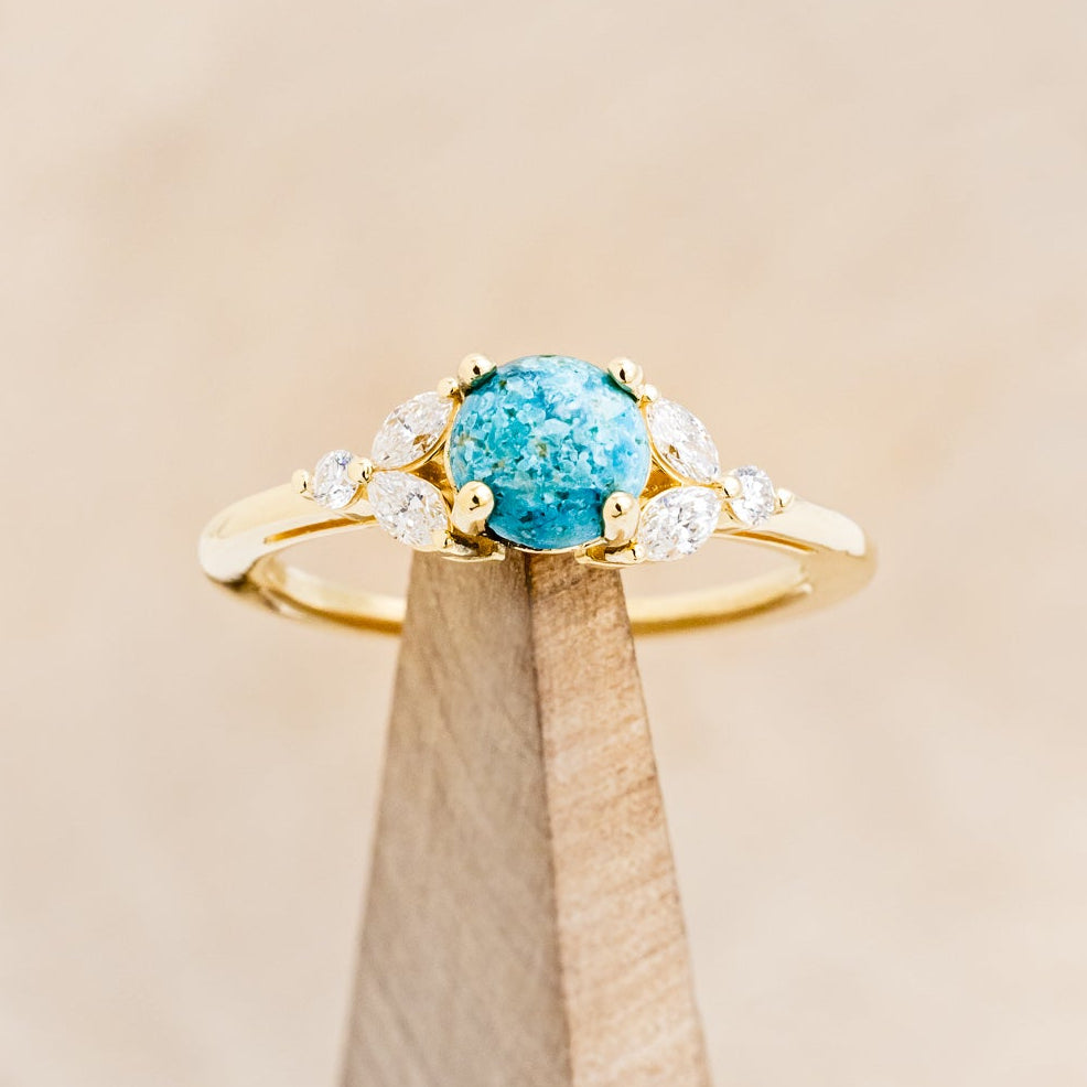 "BLOSSOM" - ROUND CUT TURQUOISE ENGAGEMENT RING WITH LEAF-SHAPED DIAMOND ACCENTS-6