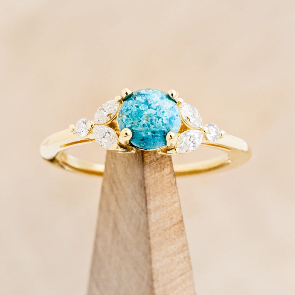 "BLOSSOM" - ROUND CUT TURQUOISE ENGAGEMENT RING WITH LEAF-SHAPED DIAMOND ACCENTS-6