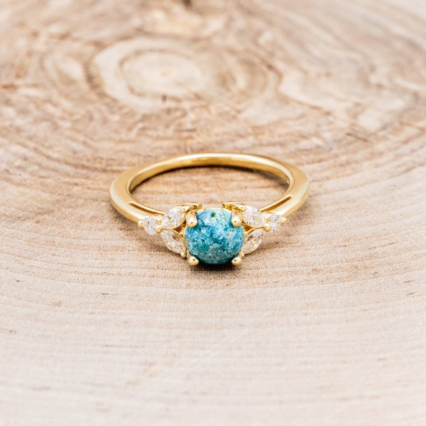 "BLOSSOM" - ROUND CUT TURQUOISE ENGAGEMENT RING WITH LEAF-SHAPED DIAMOND ACCENTS-7