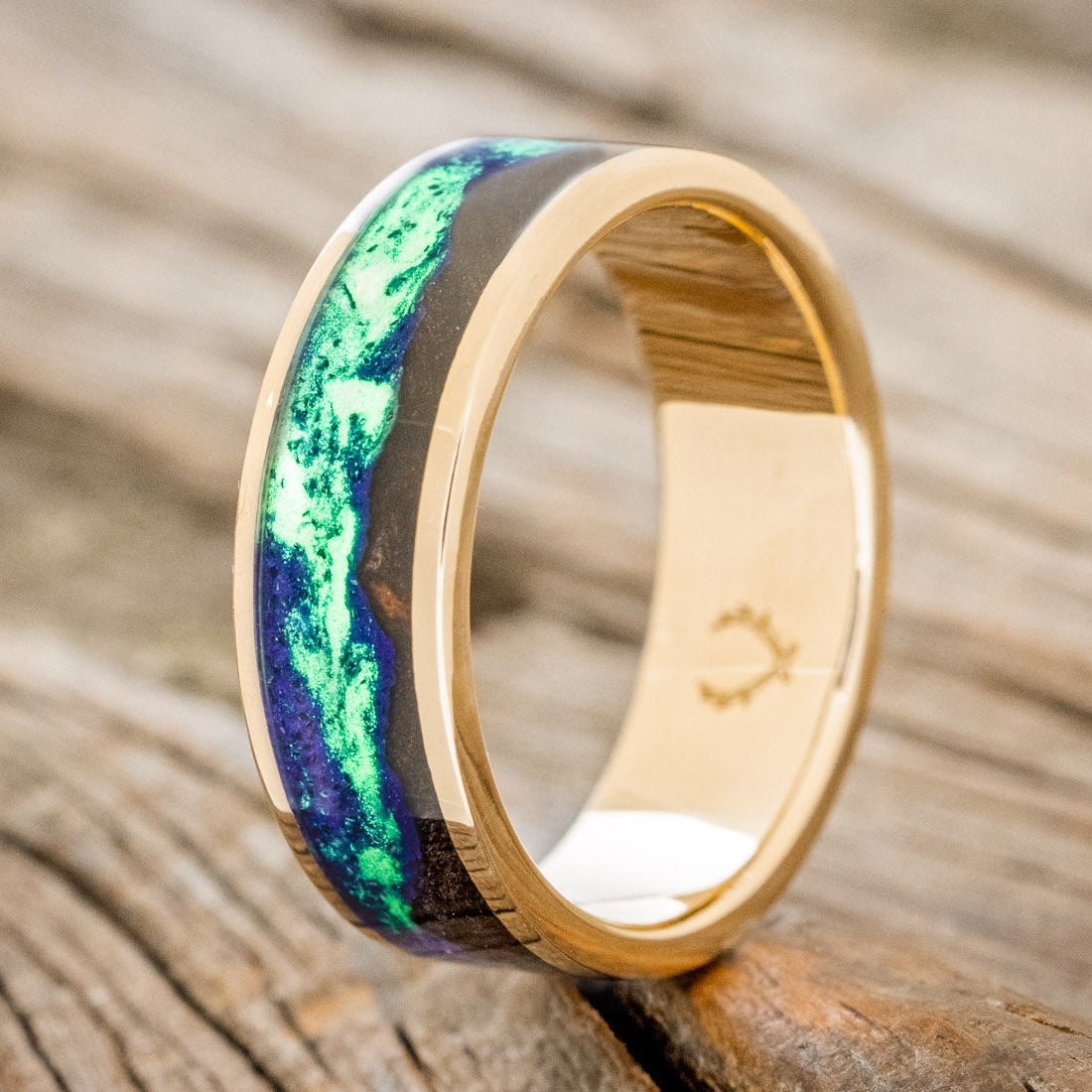"BOREALIS" - MOUNTAIN ENGRAVED WEDDING RING WITH GLOW IN THE DARK NORTHERN LIGHTS-Staghead Designs