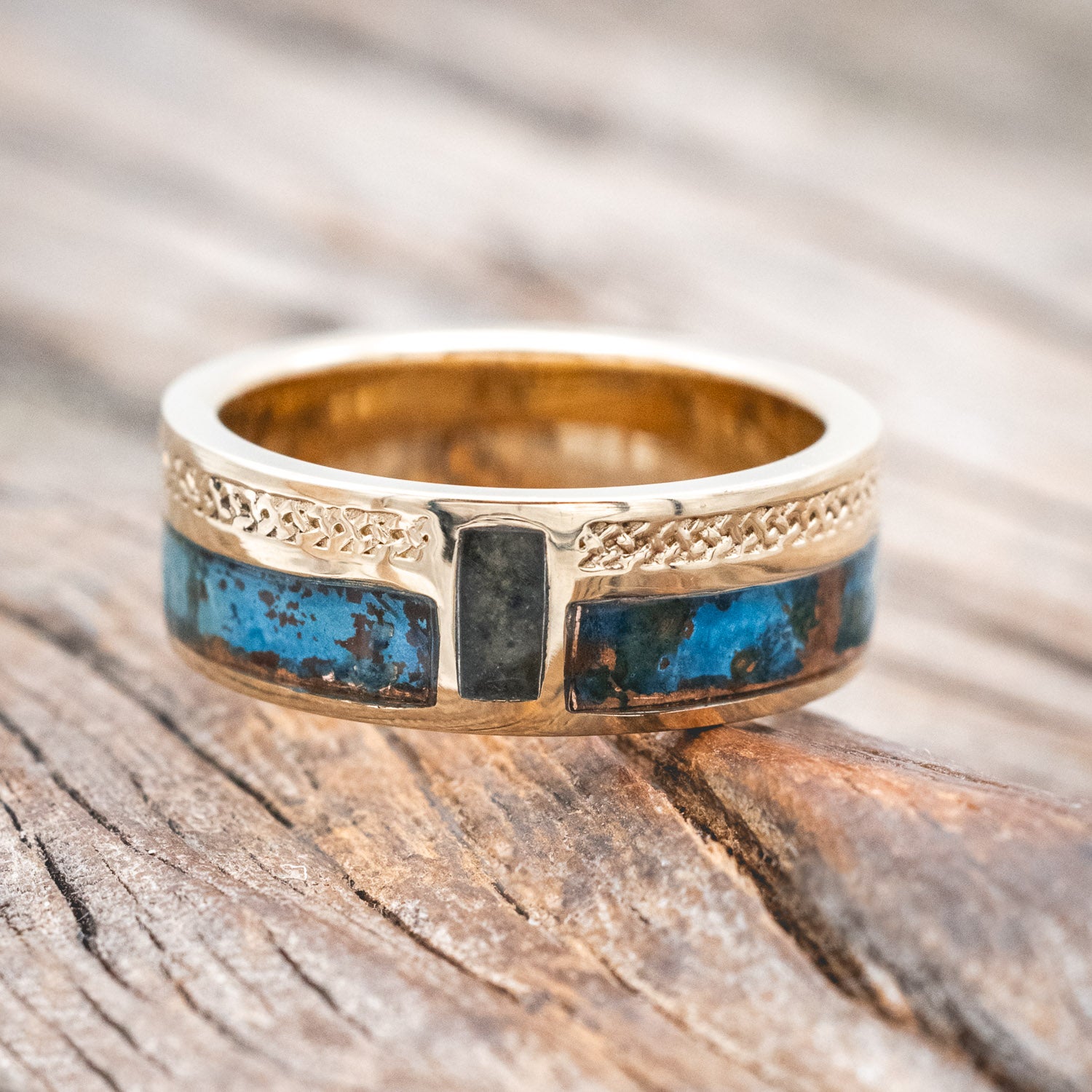 "BOWER" - PATINA COPPER & MOSS AGATE WEDDING BAND WITH CELTIC SAILOR'S KNOT ENGRAVINGS-Staghead Designs