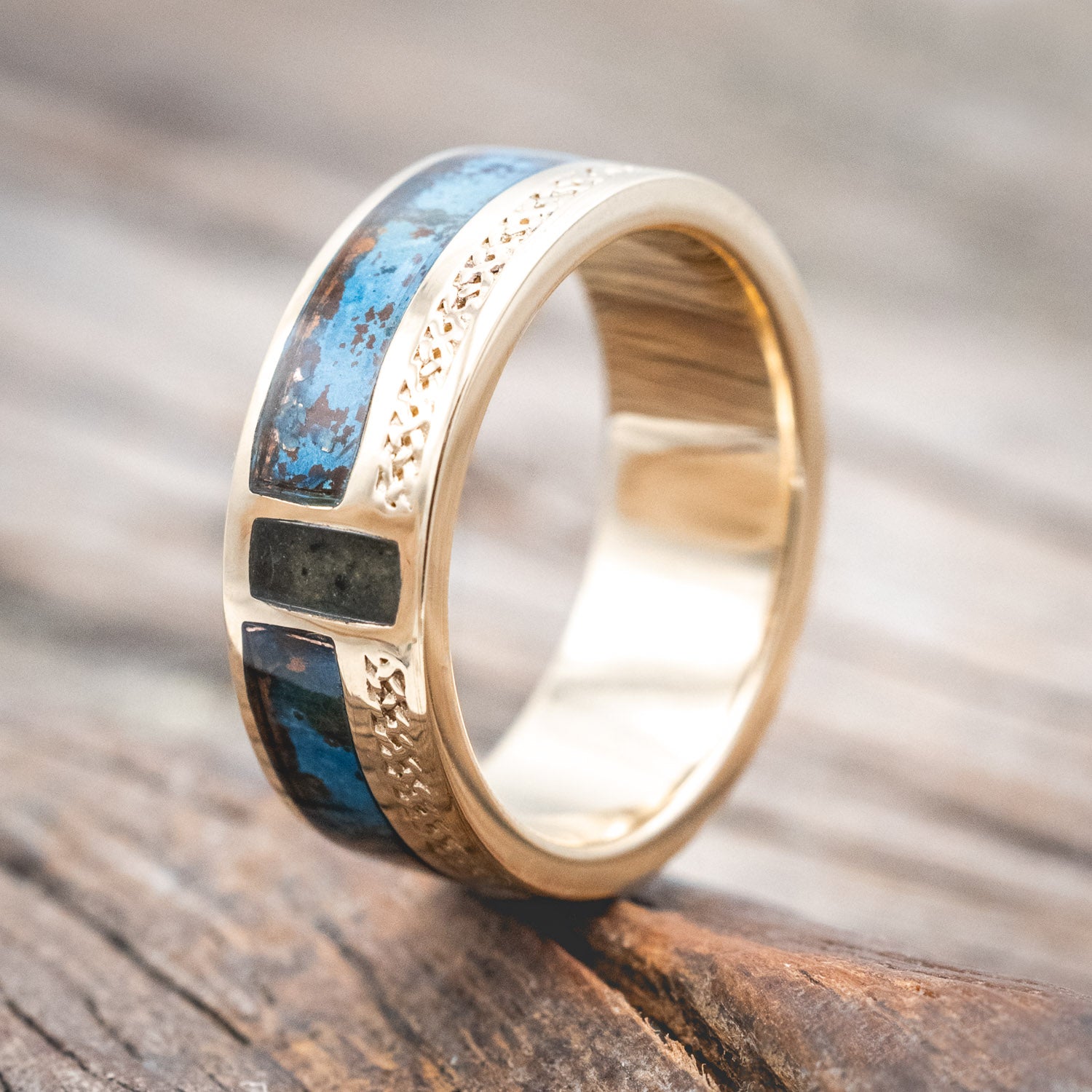 "BOWER" - PATINA COPPER & MOSS AGATE WEDDING BAND WITH CELTIC SAILOR'S KNOT ENGRAVINGS-Staghead Designs