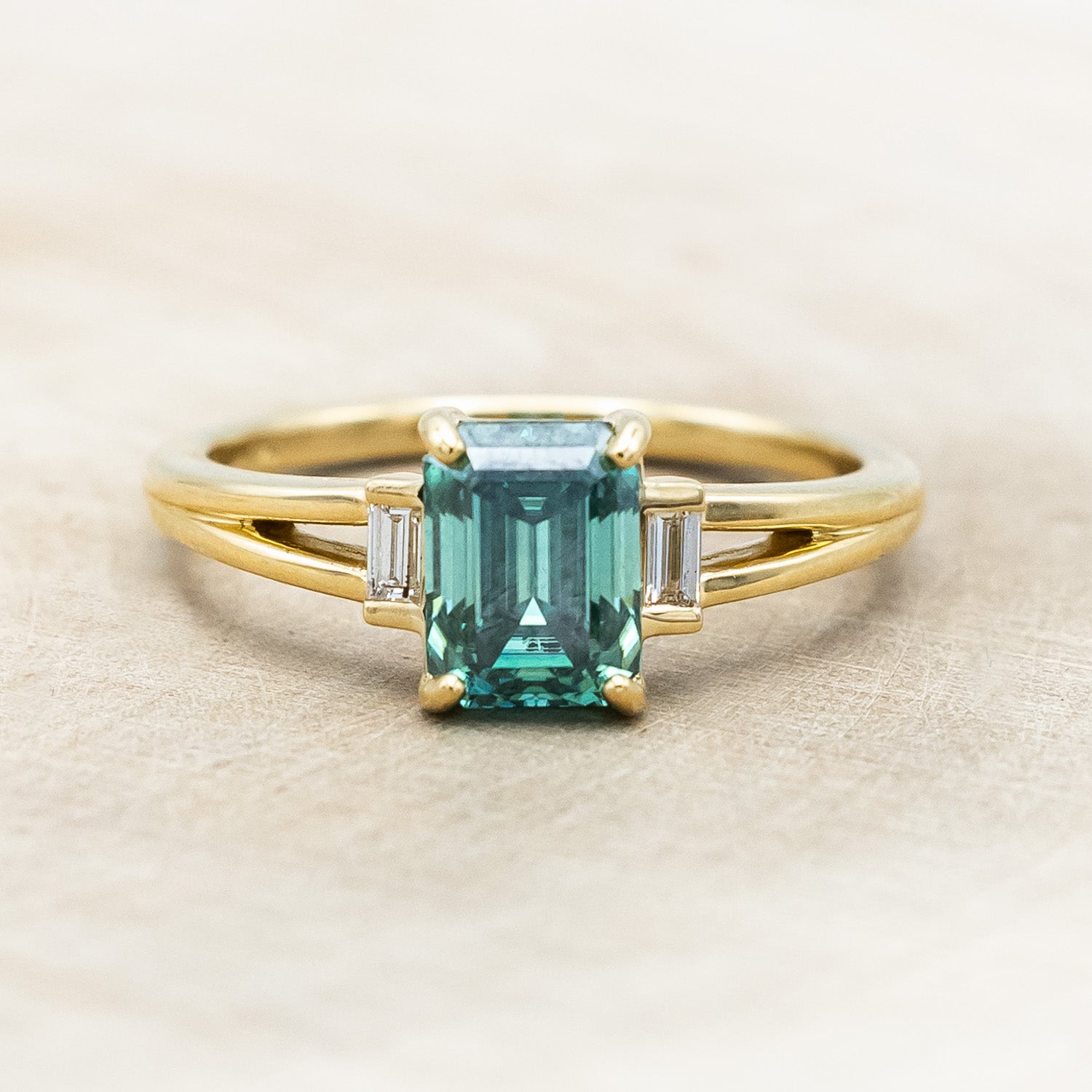 "CORELLA" - EMERALD CUT GREEN MOISSANITE ENGAGEMENT RING WITH DIAMOND ACCENTS-Staghead Designs