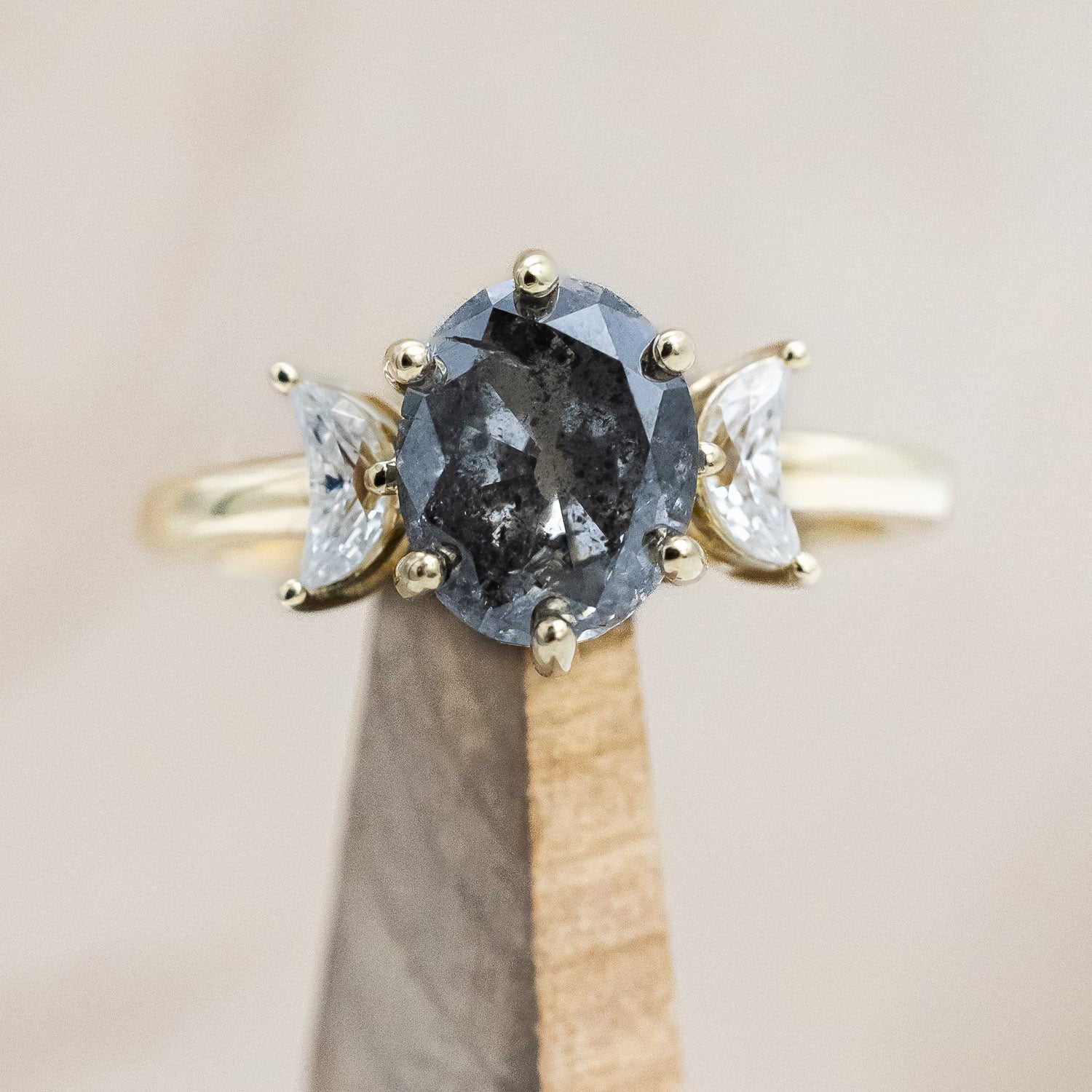 ONE-OF-A-KIND - "CANDI" - SALT & PEPPER DIAMOND ENGAGEMENT RING WITH TWO CRESCENT MOON MOISSANITE ACCENTS-Staghead Designs