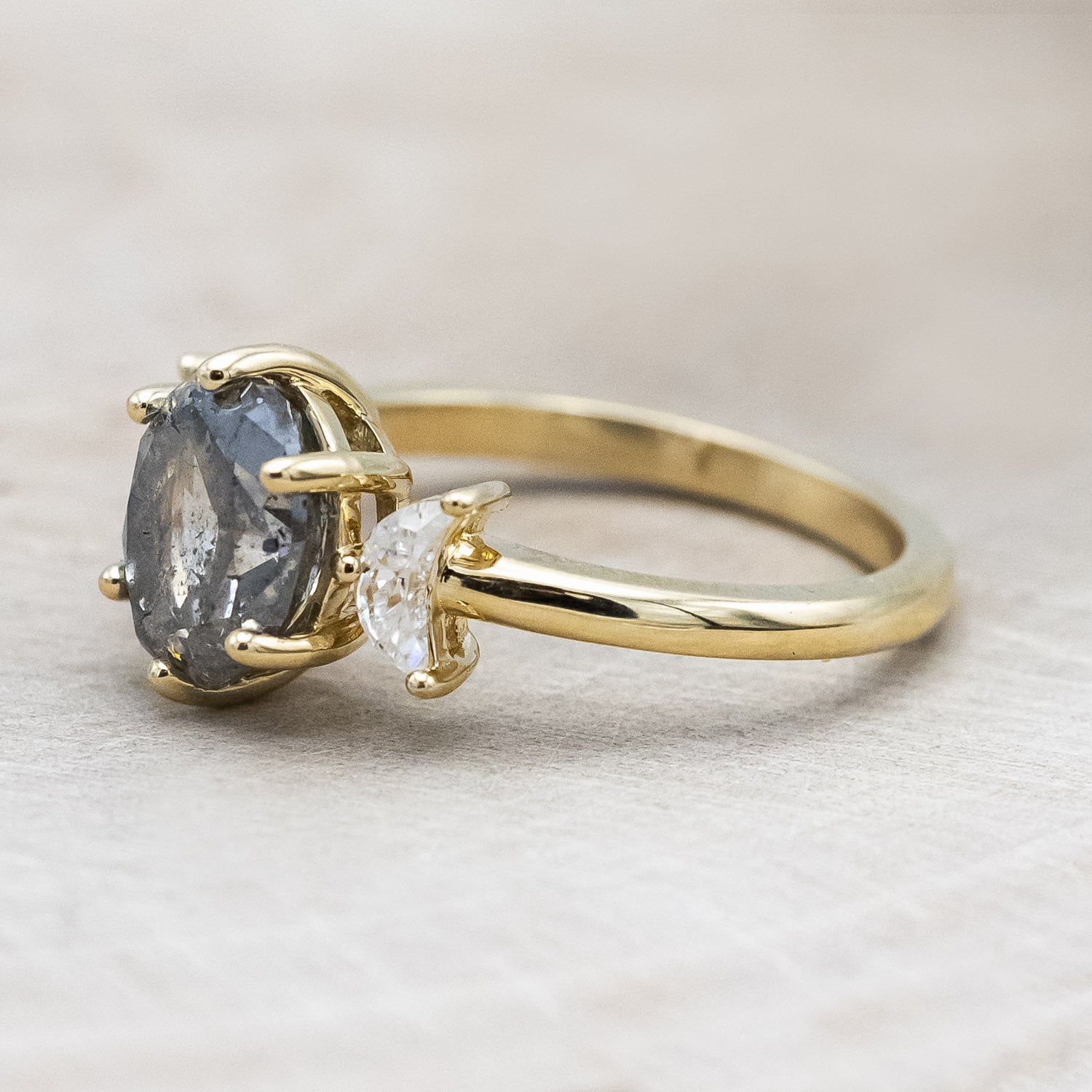 ONE-OF-A-KIND - "CANDI" - SALT & PEPPER DIAMOND ENGAGEMENT RING WITH TWO CRESCENT MOON MOISSANITE ACCENTS-Staghead Designs