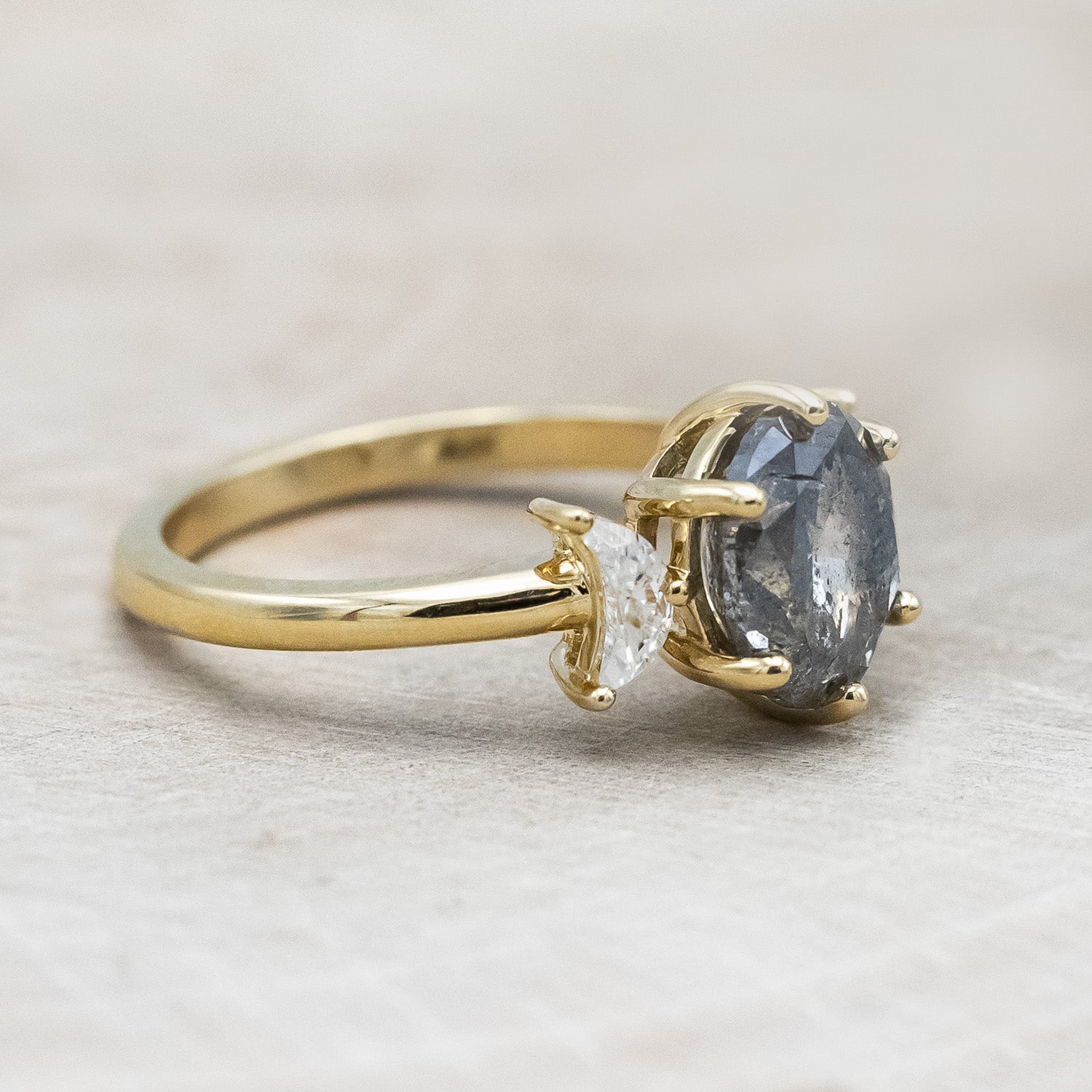 ONE-OF-A-KIND - "CANDI" - SALT & PEPPER DIAMOND ENGAGEMENT RING WITH TWO CRESCENT MOON MOISSANITE ACCENTS-Staghead Designs