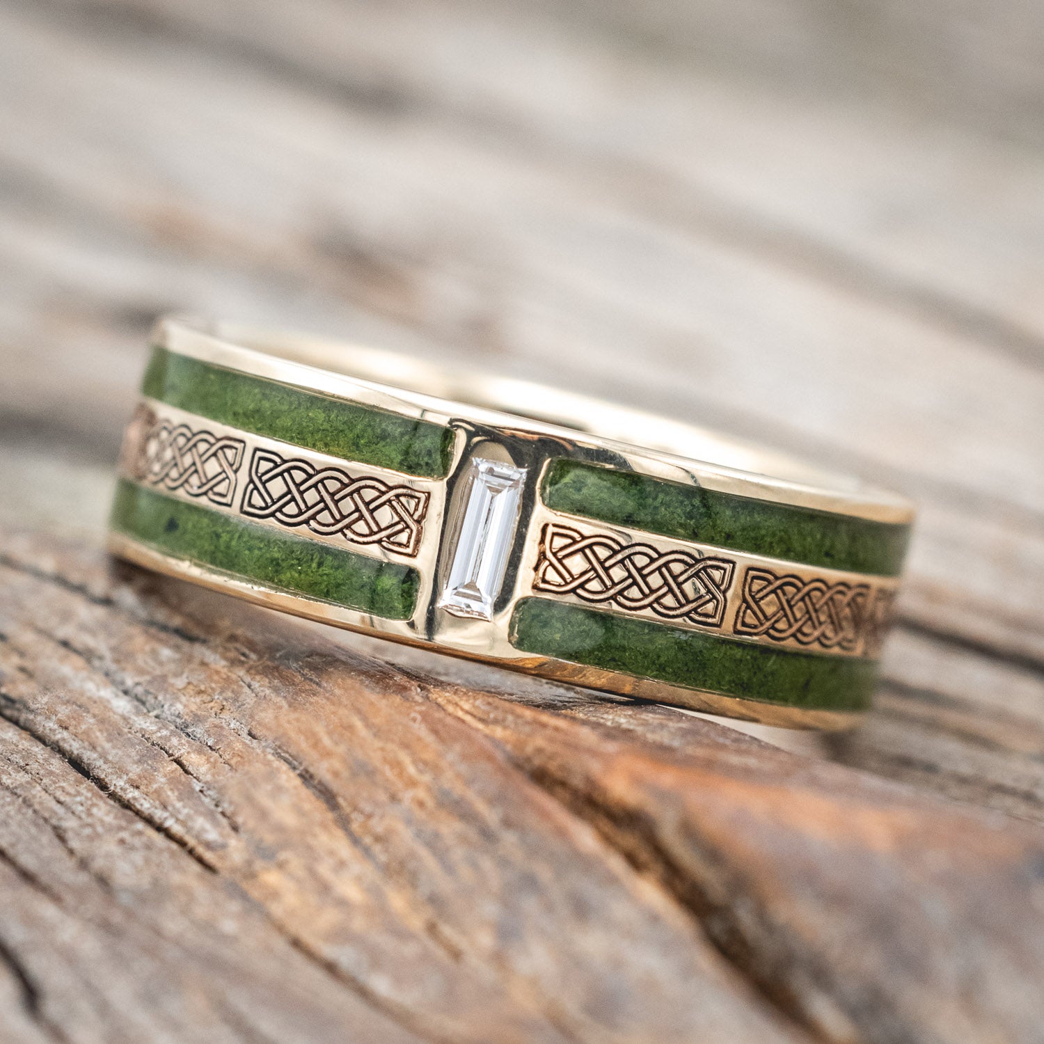 "RYDER" - CELTIC SAILOR'S KNOT ENGRAVED WEDDING RING WITH LAB-GROWN DIAMOND ACCENT & MOSS INLAYS-Staghead Designs