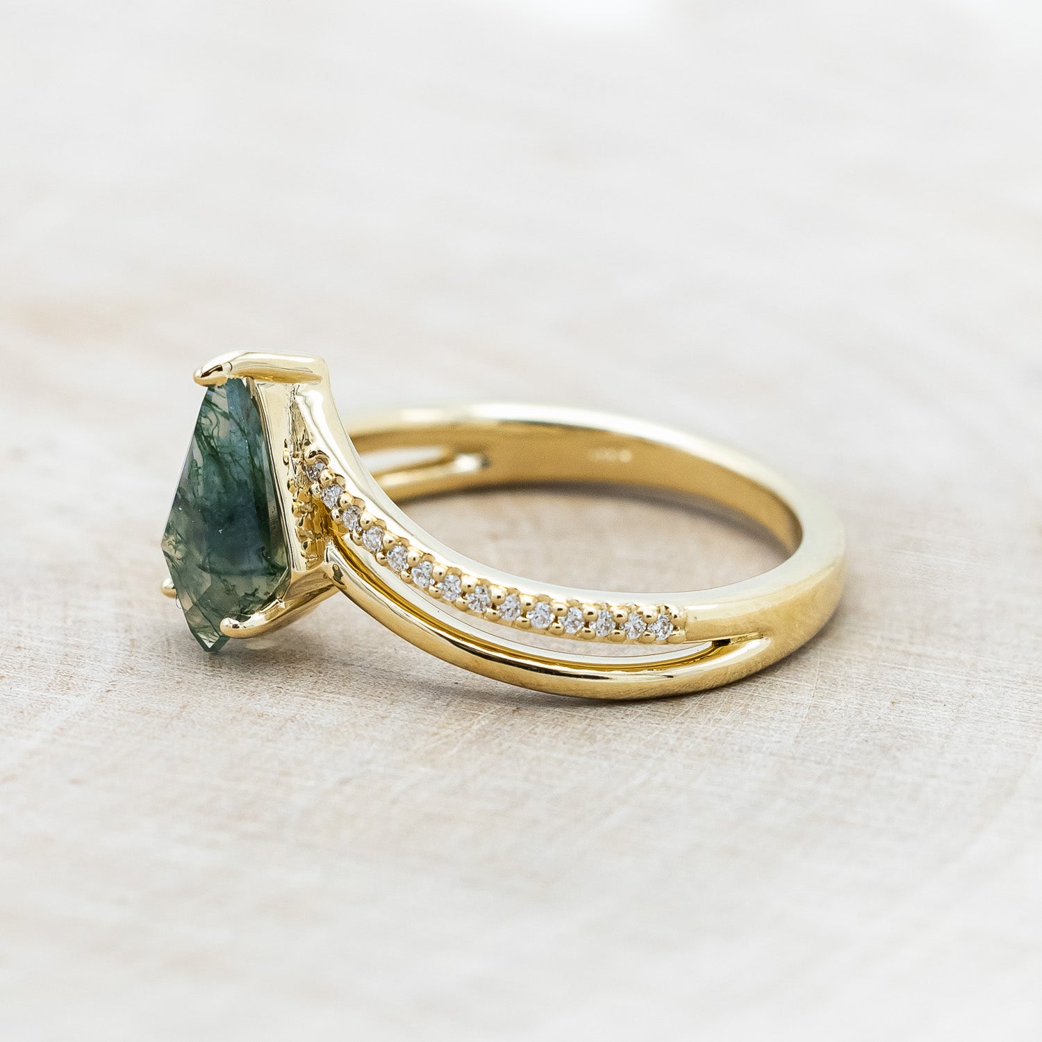 "CICELY" - KITE CUT MOSS AGATE ENGAGEMENT RING WITH DIAMOND ACCENTS-Staghead Designs