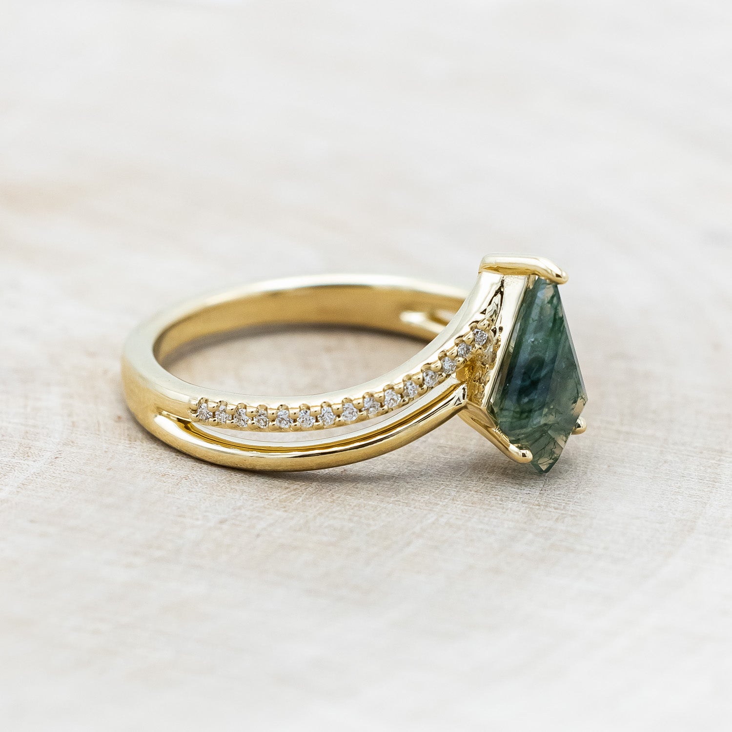 "CICELY" - KITE CUT MOSS AGATE ENGAGEMENT RING WITH DIAMOND ACCENTS-Staghead Designs