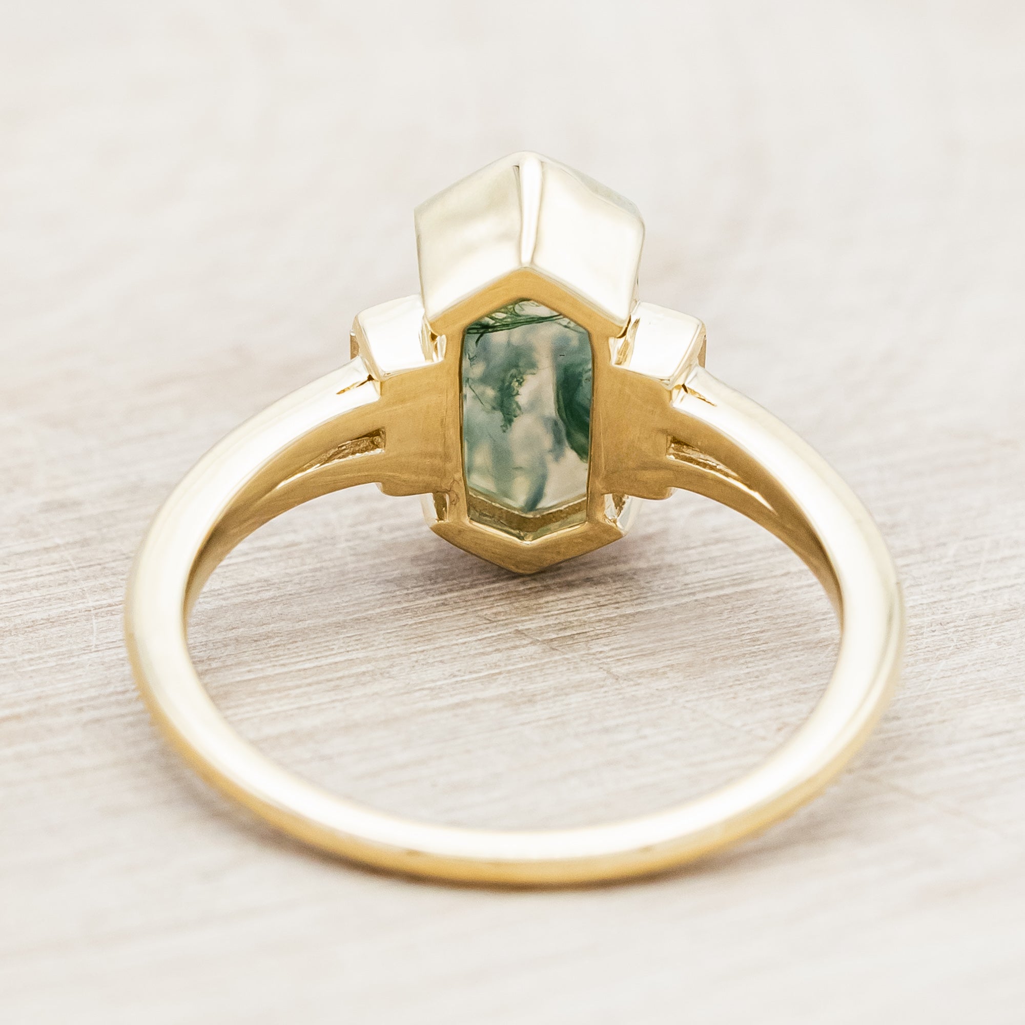 "CORELLA" - HALF BEZEL SET ELONGATED HEXAGON CUT MOSS AGATE ENGAGEMENT RING WITH DIAMOND ACCENTS-Staghead Designs