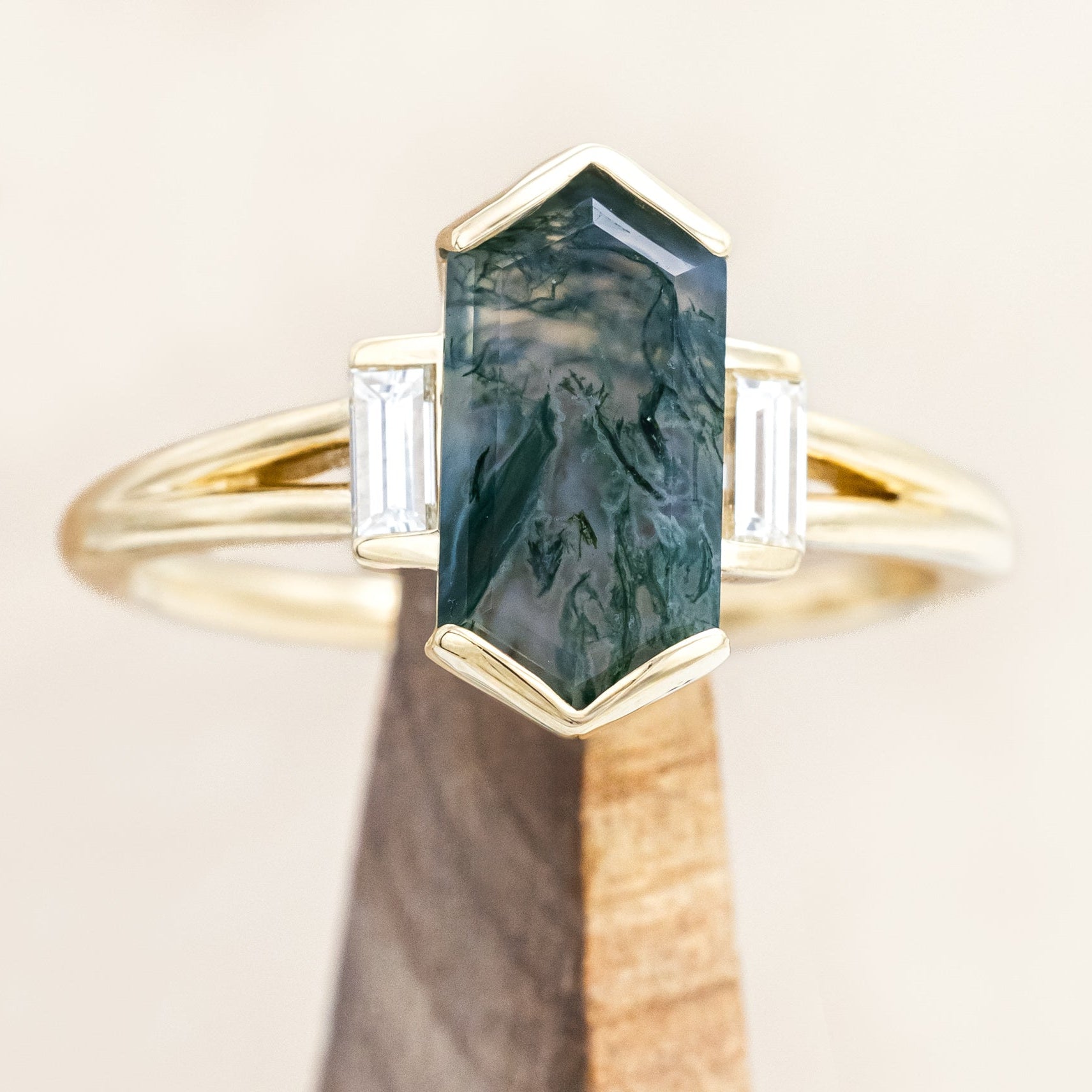 "CORELLA" - HALF BEZEL SET ELONGATED HEXAGON CUT MOSS AGATE ENGAGEMENT RING WITH DIAMOND ACCENTS-Staghead Designs