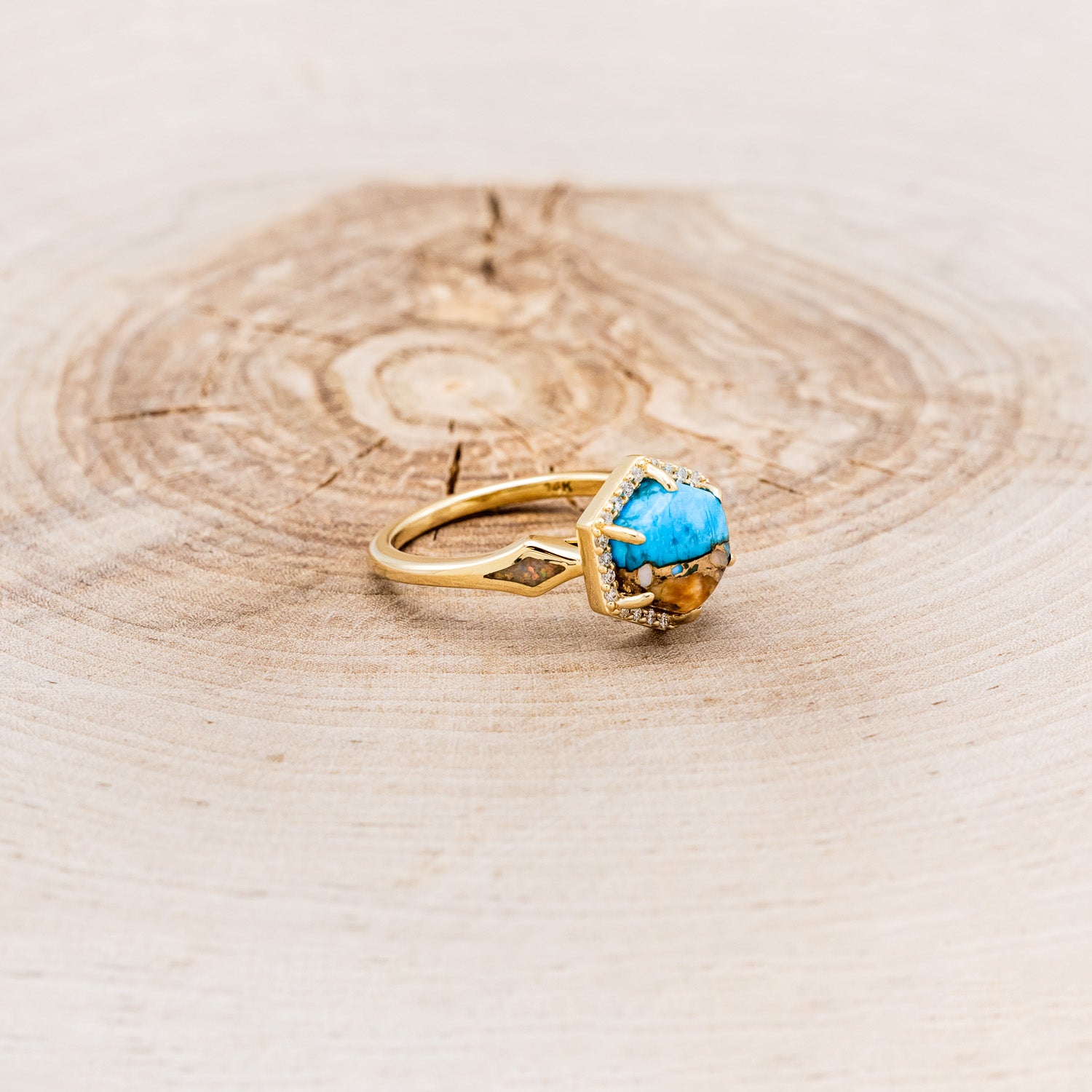 "CRAZY ON YOU" - HEXAGON SPINY OYSTER TURQUOISE ENGAGEMENT RING WITH DIAMOND HALO & FIRE AND ICE OPAL INLAYS-2