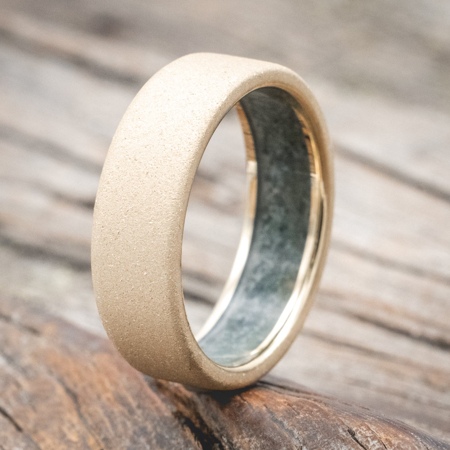 CRUSHED MOSS AGATE LINED WEDDING BAND WITH A SANDBLASTED FINISH-Staghead Designs