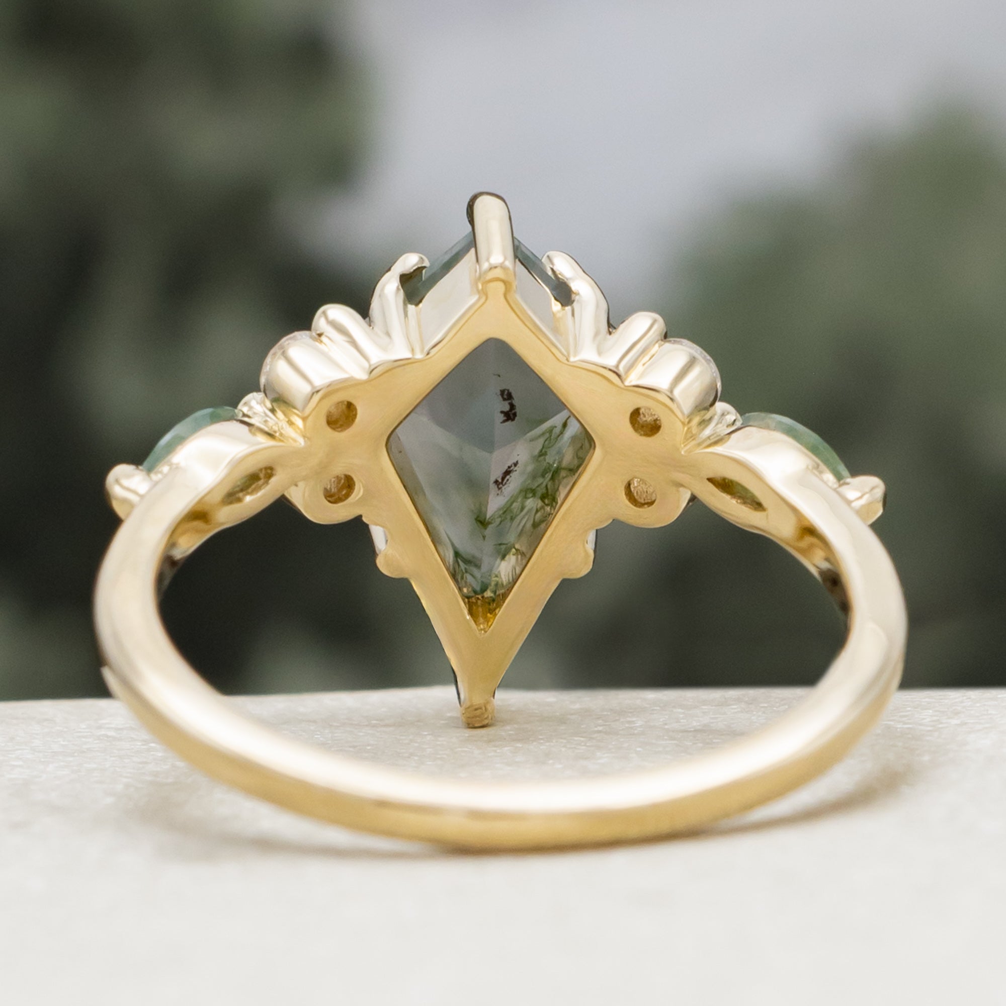 "Sage" - Kite Cut Moss Agate Engagement Ring With Diamond & Moss Agate Accents - 14K Yellow Gold - Size 5-Staghead Designs