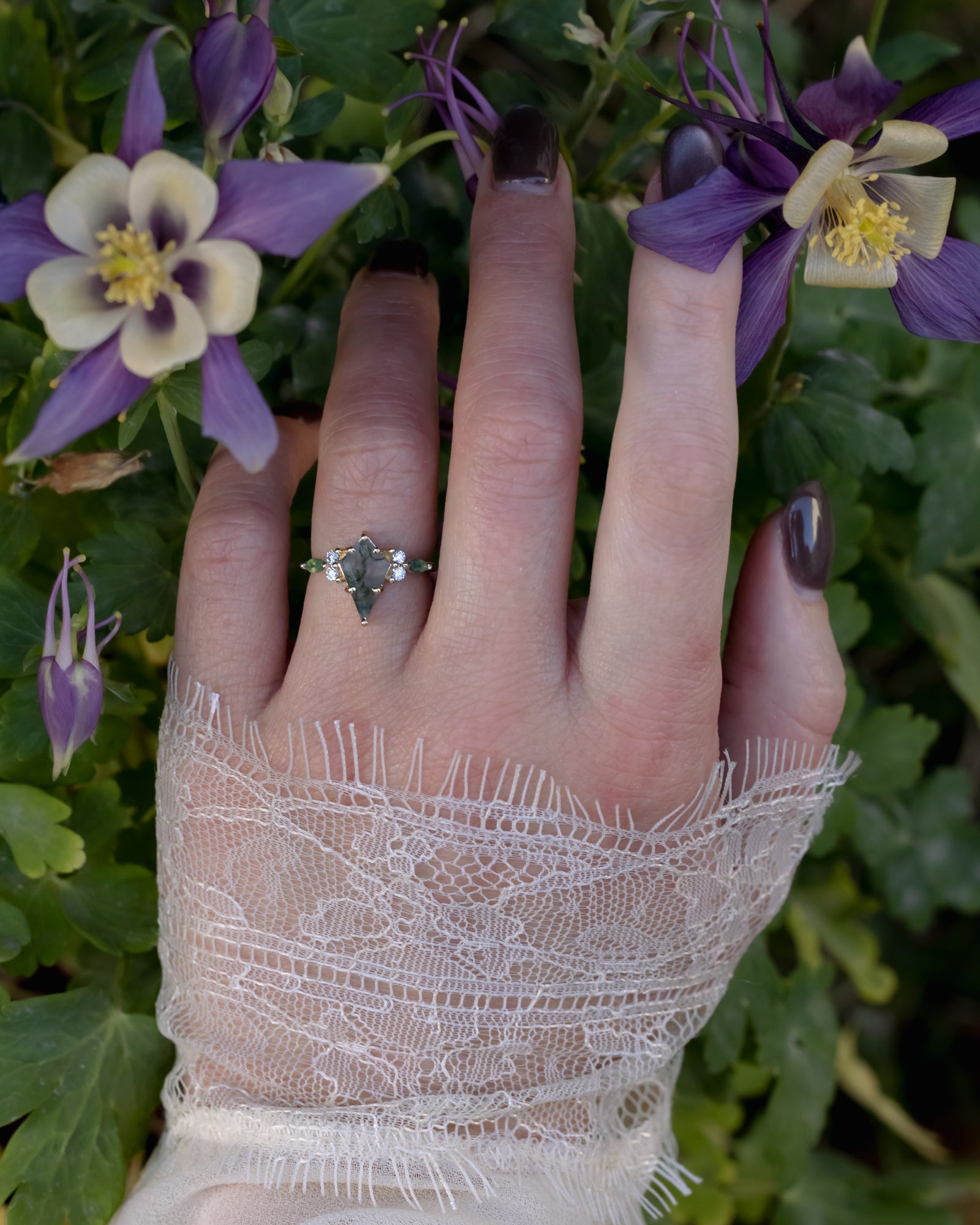 "Sage" - Kite Cut Moss Agate Engagement Ring With Diamond & Moss Agate Accents - 14K Yellow Gold - Size 5-Staghead Designs
