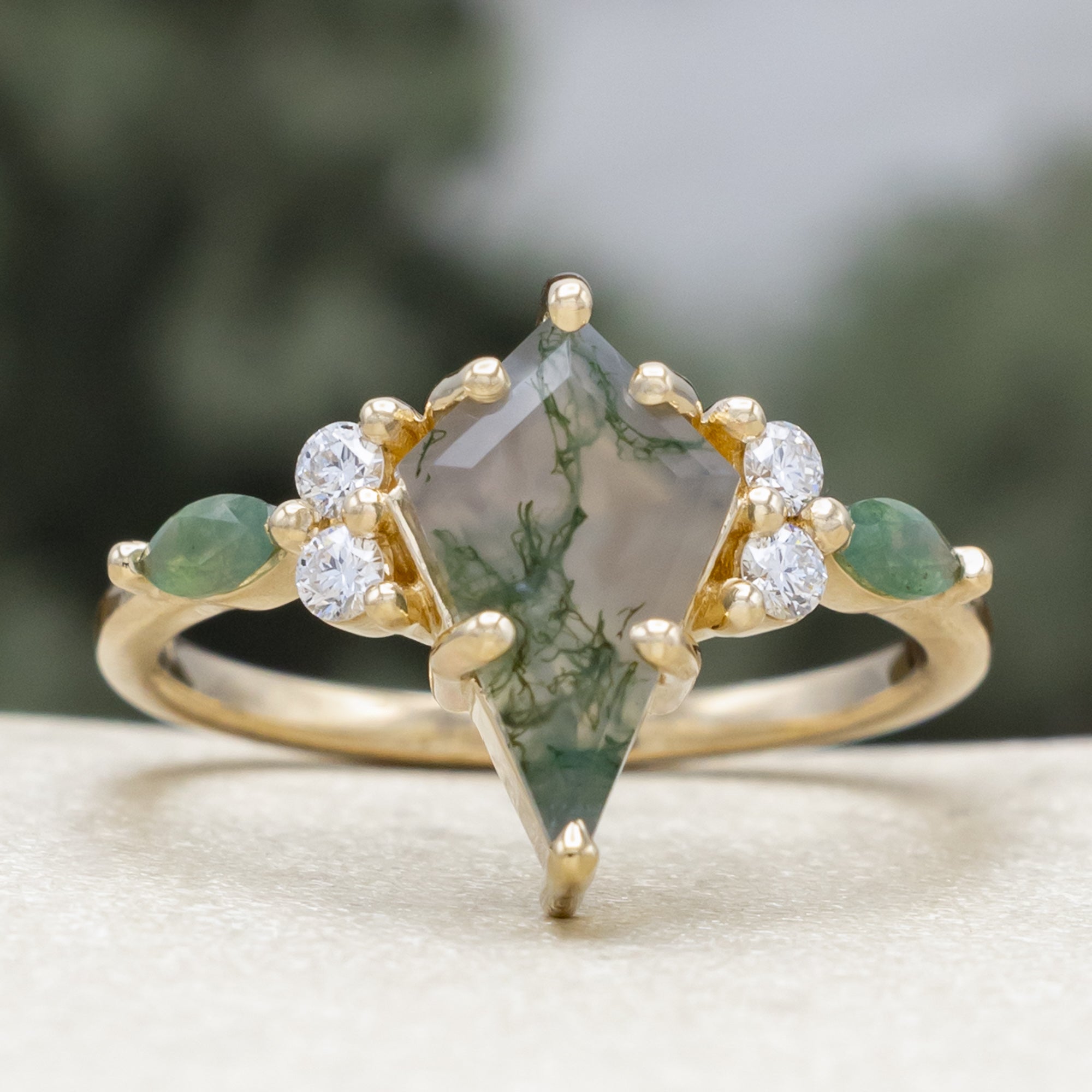 "Sage" - Kite Cut Moss Agate Engagement Ring With Diamond & Moss Agate Accents - 14K Yellow Gold - Size 5-Staghead Designs