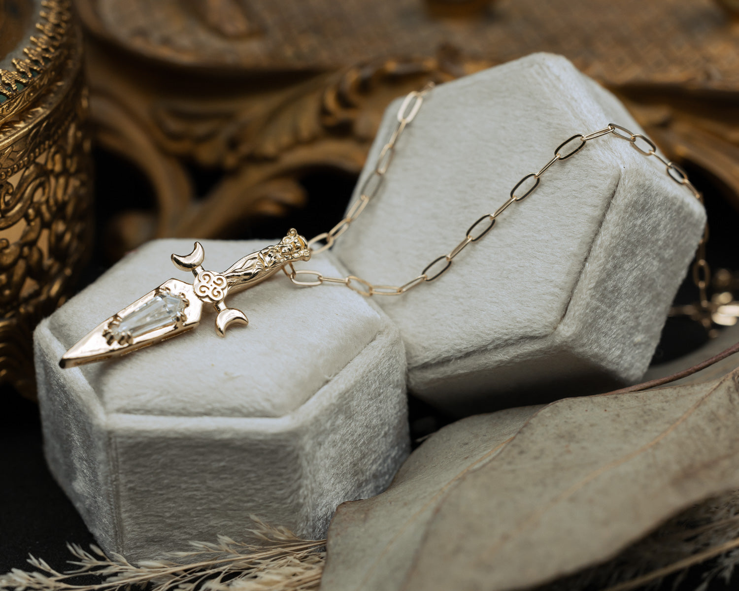 GODDESS DAGGER PENDANT IN 14K GOLD WITH AN ELONGATED KITE CUT MOISSANITE-Staghead Designs