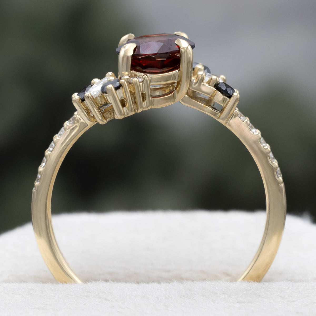 "Demeter" - Bridal Suite - Round Cut Garnet Engagement Ring With Black & White Diamond Accents & Two Diamond Tracers With Crescent Moon Accents-Staghead Designs