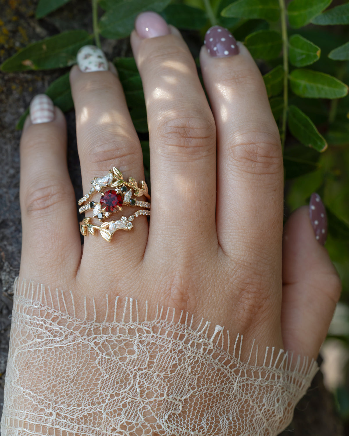 "Demeter" - Bridal Suite - Round Cut Garnet Engagement Ring With Black & White Diamond Accents & Two Diamond Tracers With Crescent Moon Accents-Staghead Designs