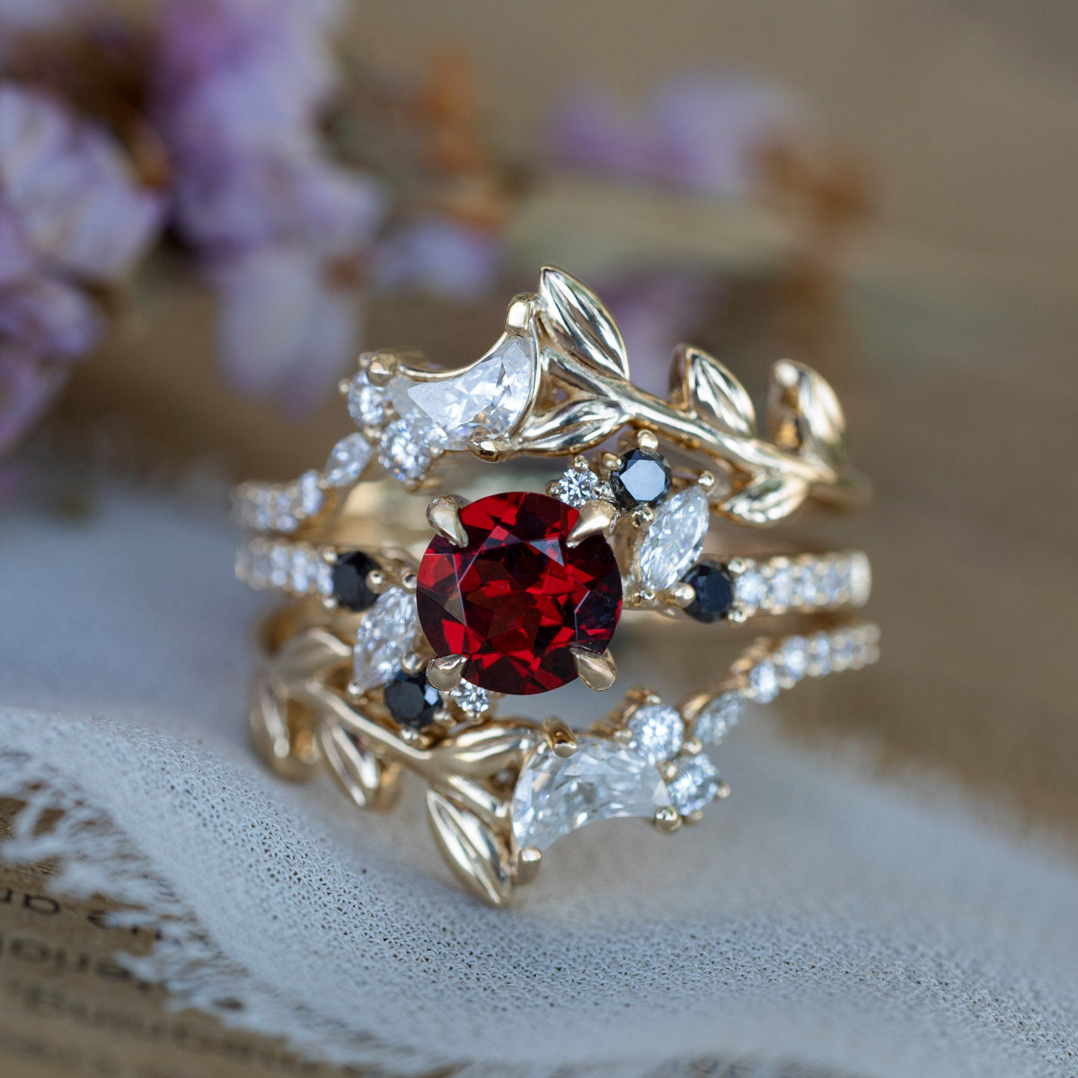 "Demeter" - Bridal Suite - Round Cut Garnet Engagement Ring With Black & White Diamond Accents & Two Diamond Tracers With Crescent Moon Accents-Staghead Designs