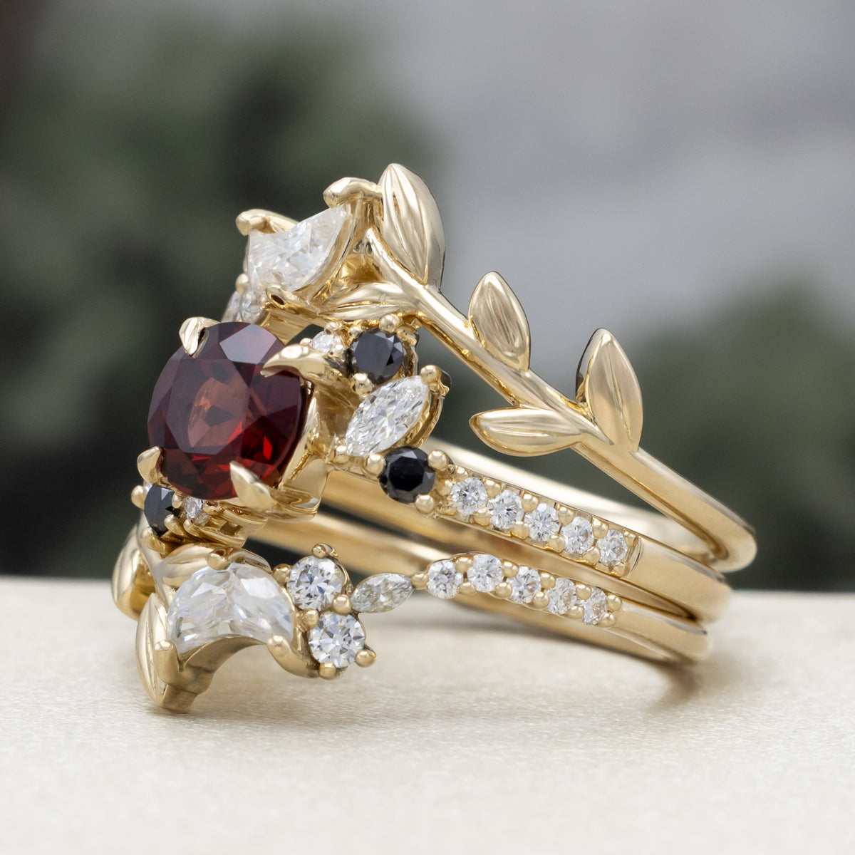"Demeter" - Bridal Suite - Round Cut Garnet Engagement Ring With Black & White Diamond Accents & Two Diamond Tracers With Crescent Moon Accents-Staghead Designs