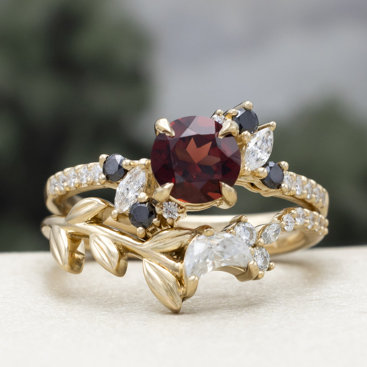 "Demeter" - Bridal Suite - Round Cut Garnet Engagement Ring With Black & White Diamond Accents & Two Diamond Tracers With Crescent Moon Accents-Staghead Designs