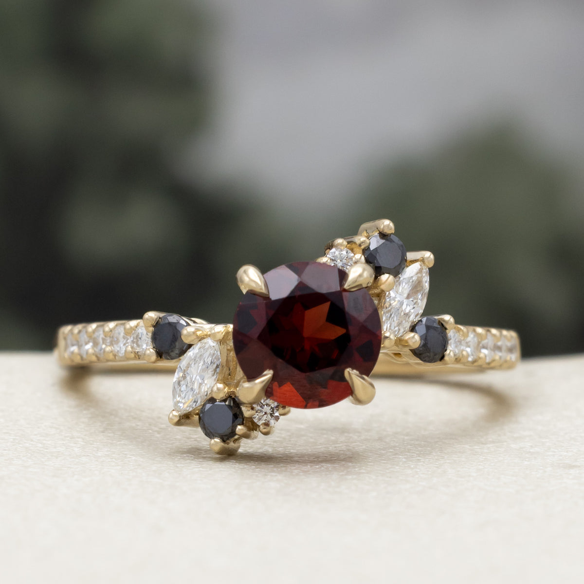 "Demeter" - Bridal Suite - Round Cut Garnet Engagement Ring With Black & White Diamond Accents & Two Diamond Tracers With Crescent Moon Accents-Staghead Designs
