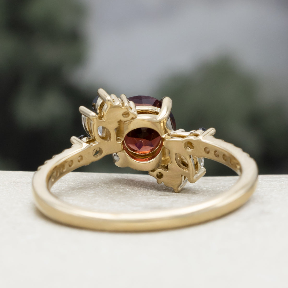 "Demeter" - Bridal Suite - Round Cut Garnet Engagement Ring With Black & White Diamond Accents & Two Diamond Tracers With Crescent Moon Accents-Staghead Designs