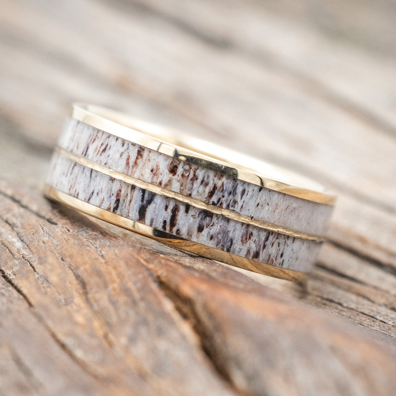 "DYAD" - ANTLER & HAMMERED 14K GOLD INLAY WEDDING BAND-Staghead Designs