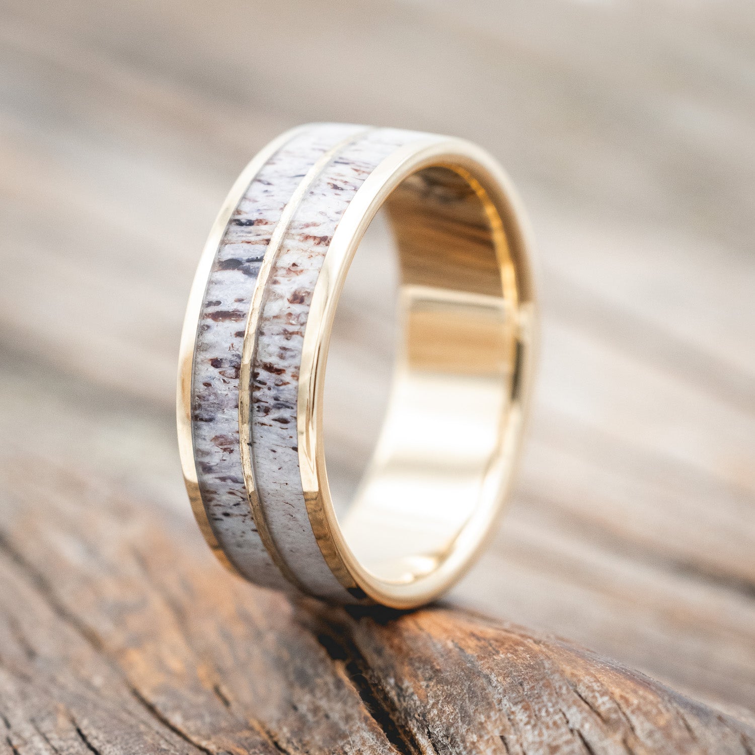 "DYAD" - ANTLER & HAMMERED 14K GOLD INLAY WEDDING BAND-Staghead Designs
