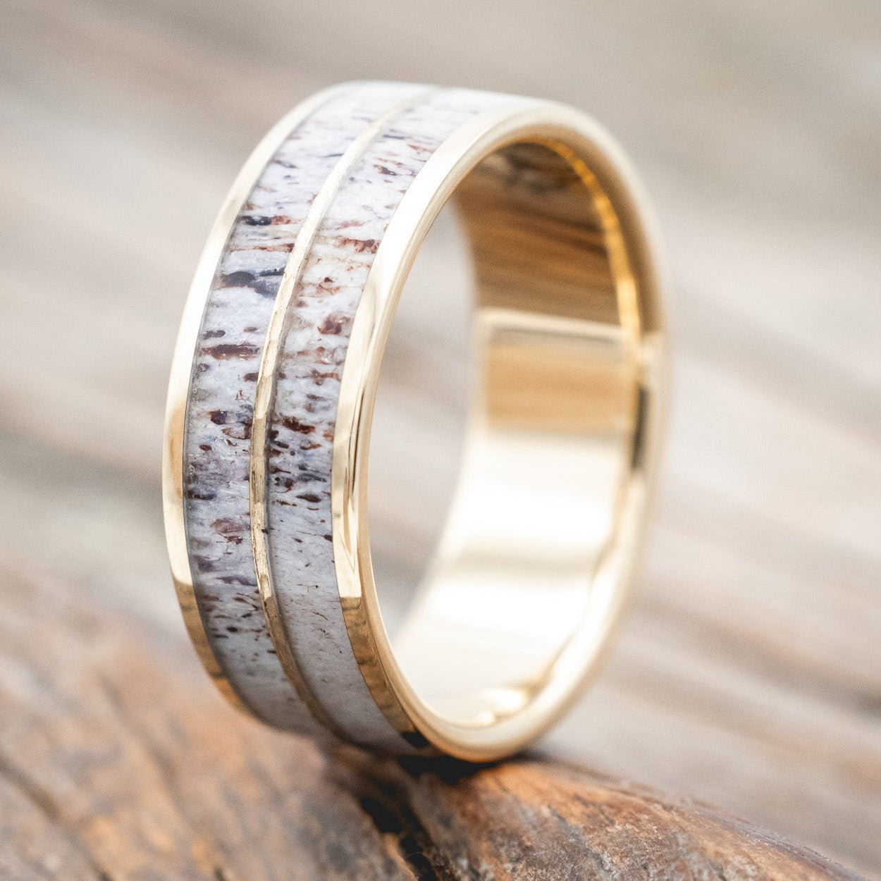 "DYAD" - ANTLER & HAMMERED 14K GOLD INLAY WEDDING BAND-Staghead Designs