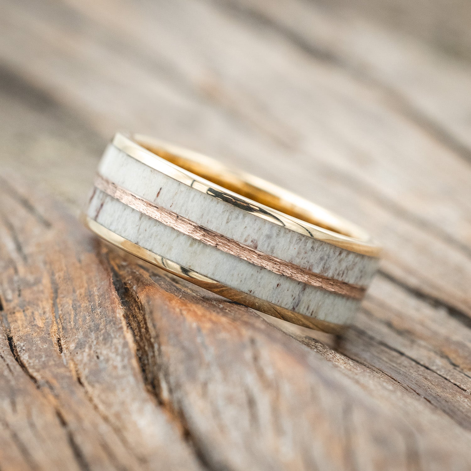 "DYAD" - ELK ANTLER WEDDING BAND WITH A HAMMERED 14K GOLD INLAY-Staghead Designs