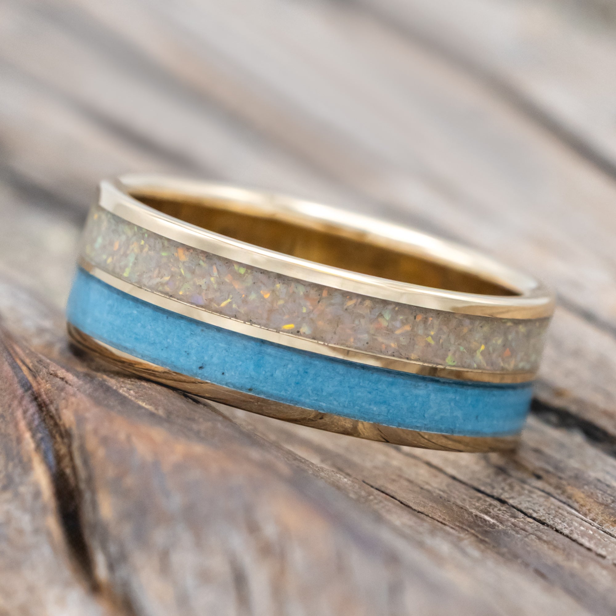 "DYAD" - FIRE AND ICE OPAL & TURQUOISE WEDDING BAND-Staghead Designs
