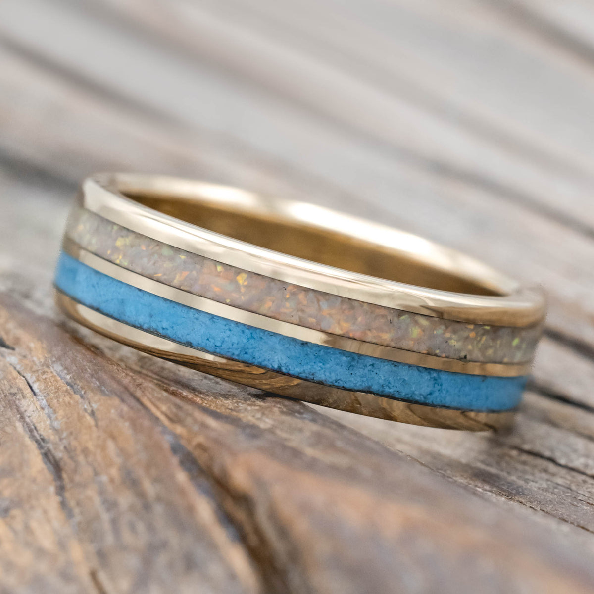 "Dyad" - Fire And Ice Opal & Turquoise Wedding Band-Staghead Designs