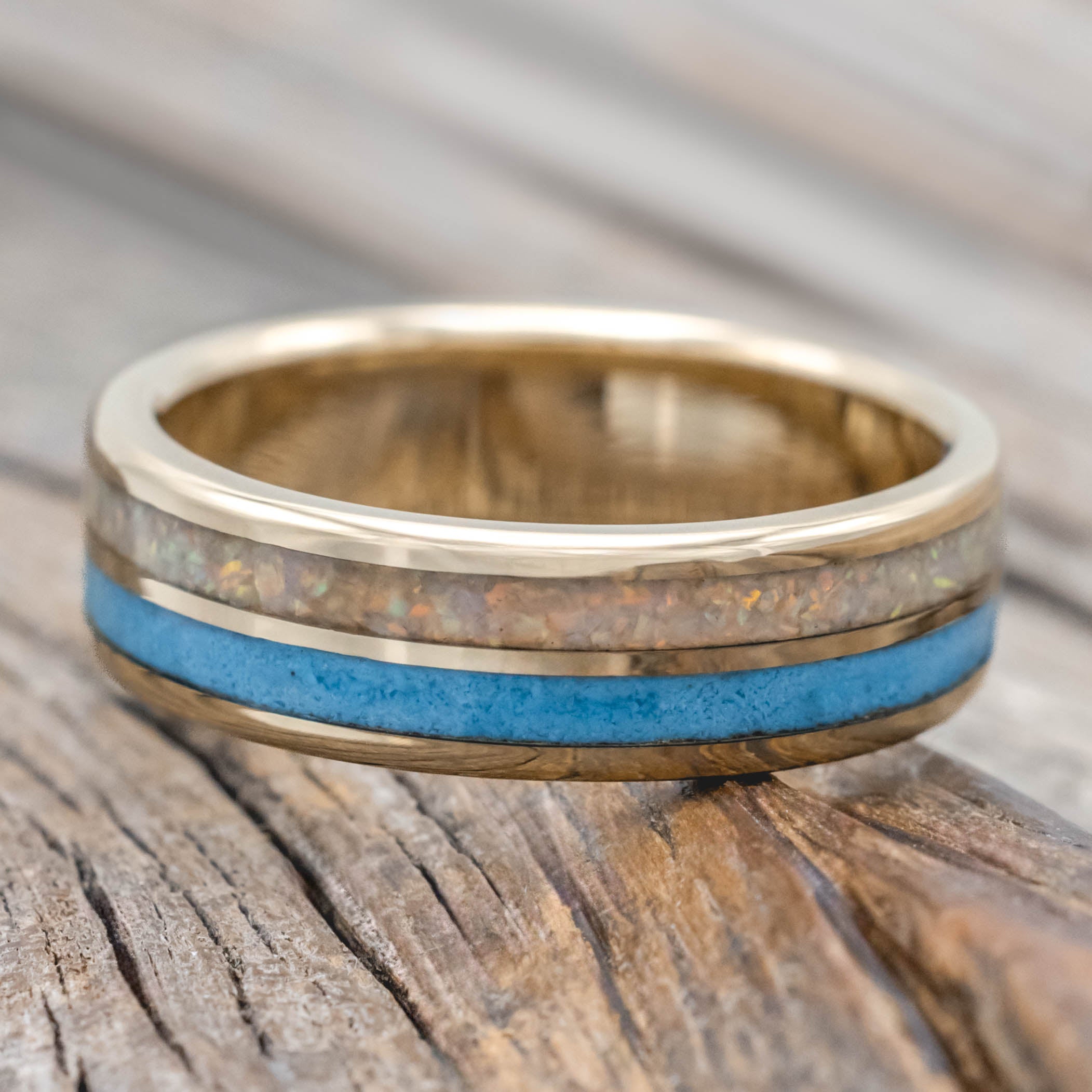 "DYAD" - FIRE AND ICE OPAL & TURQUOISE WEDDING BAND-Staghead Designs