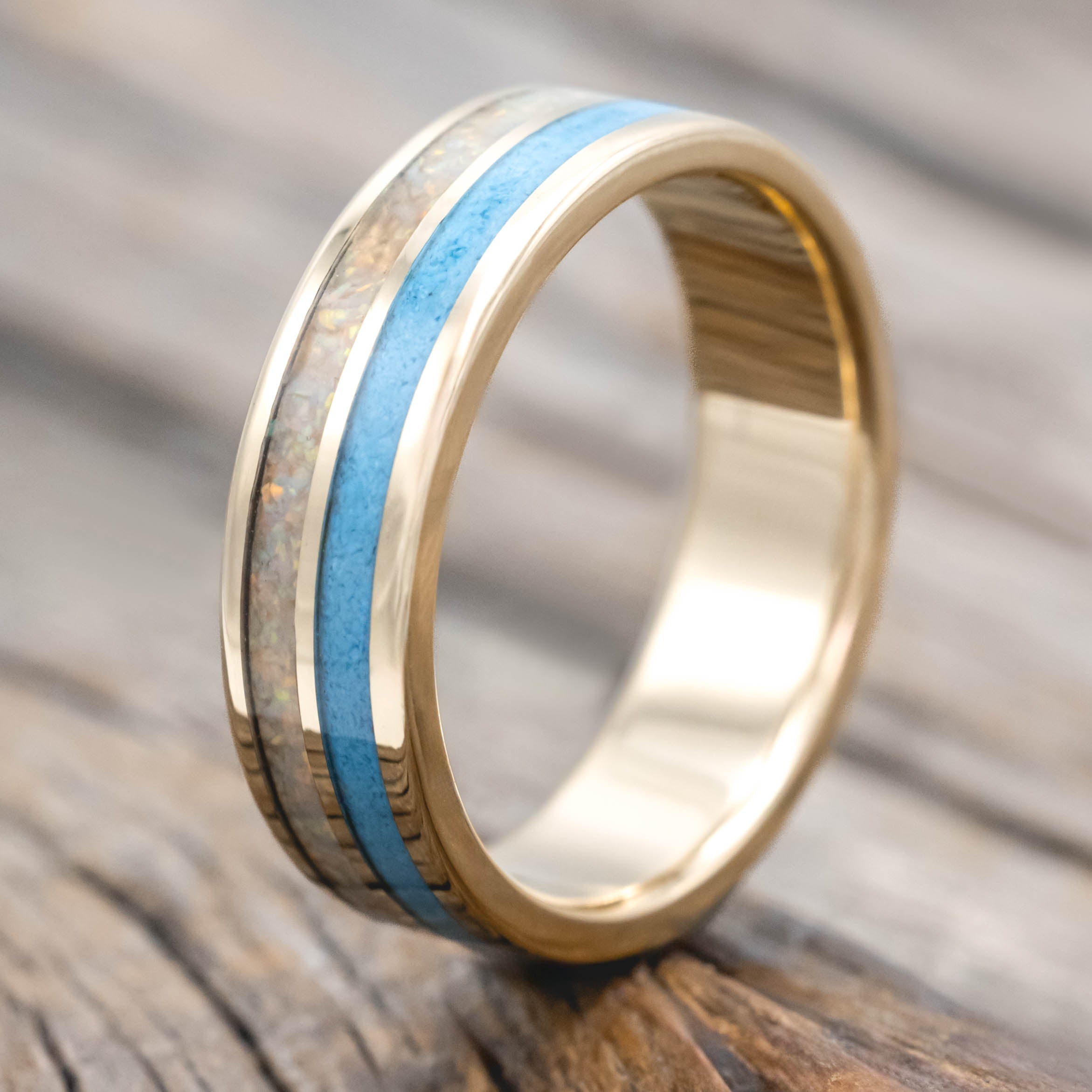 "DYAD" - FIRE AND ICE OPAL & TURQUOISE WEDDING BAND-Staghead Designs