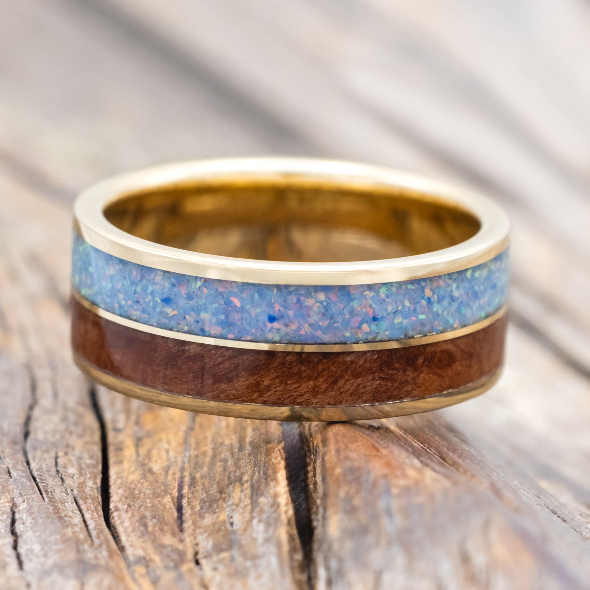 "DYAD" - COTTON CANDY OPAL & REDWOOD WEDDING BAND-Staghead Designs