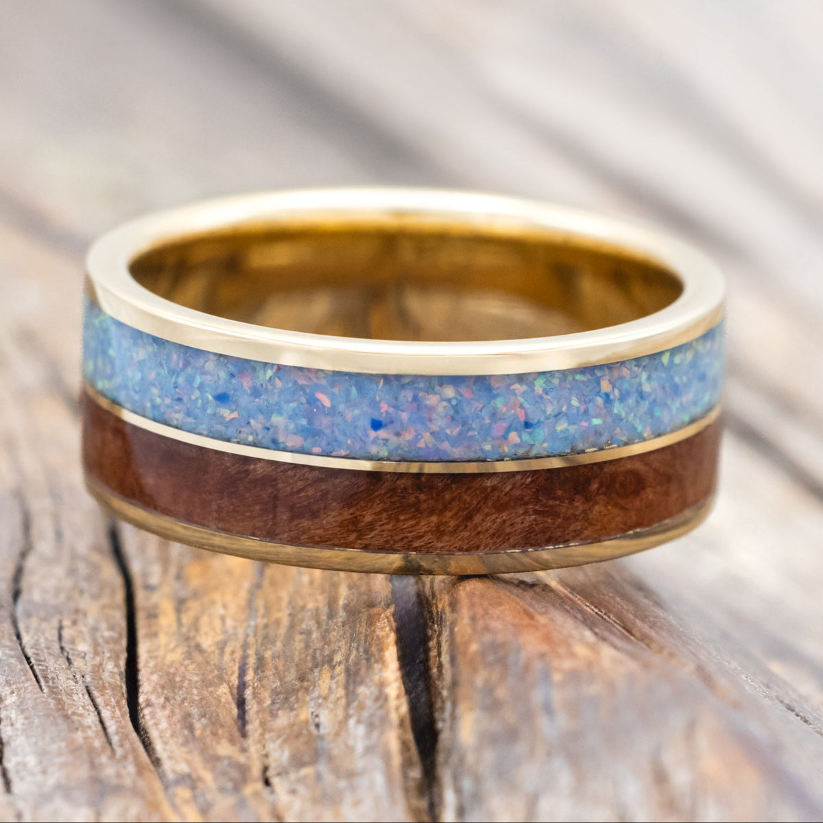 "DYAD" - COTTON CANDY OPAL & REDWOOD WEDDING BAND-Staghead Designs